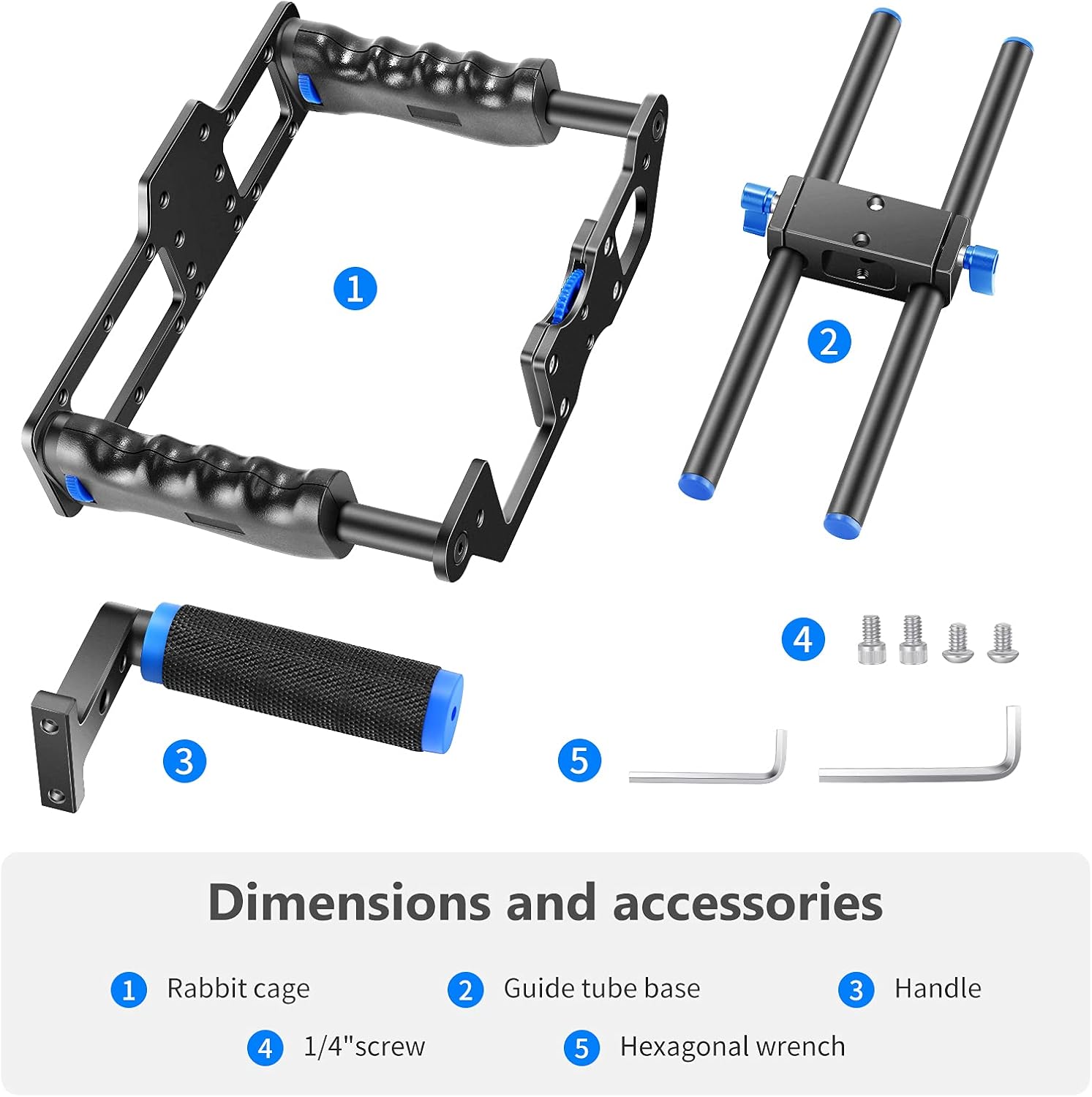 Thumbnail 6 de Neewer kit cage vidéo en aluminium pour appareil photo (poignée supérieure, double poignée, 2 tiges 15 mm) Noir + Bleu