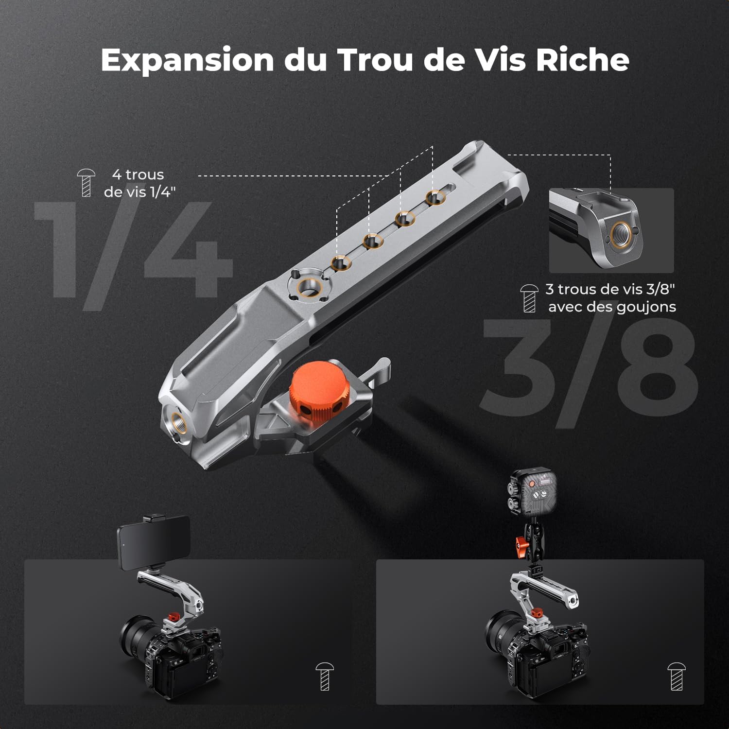Thumbnail 4 de K&F CONCEPT Poignée supérieure métal avec rail NATO et cold shoe 1/4"-3/8" (capacité 10 kg) + vis Arri