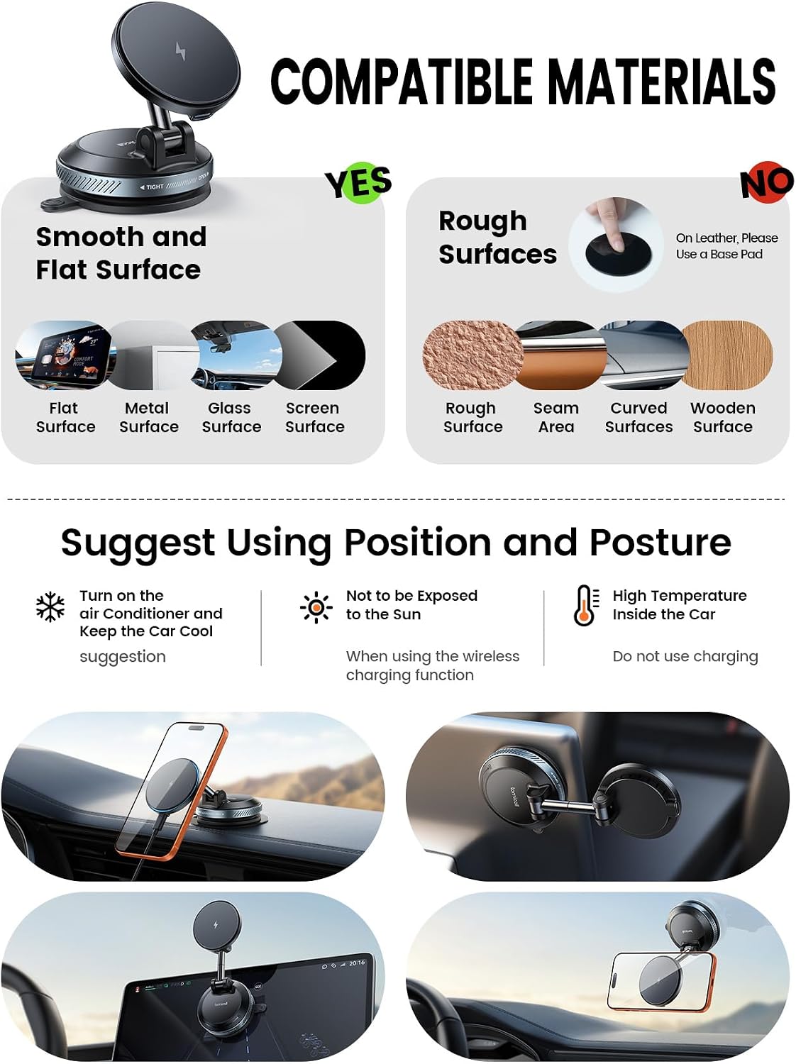 Thumbnail 6 de Lamicall MagSafe Car Mount Charger (15W) with 70Lbs Vacuum & 360° Arm – Black