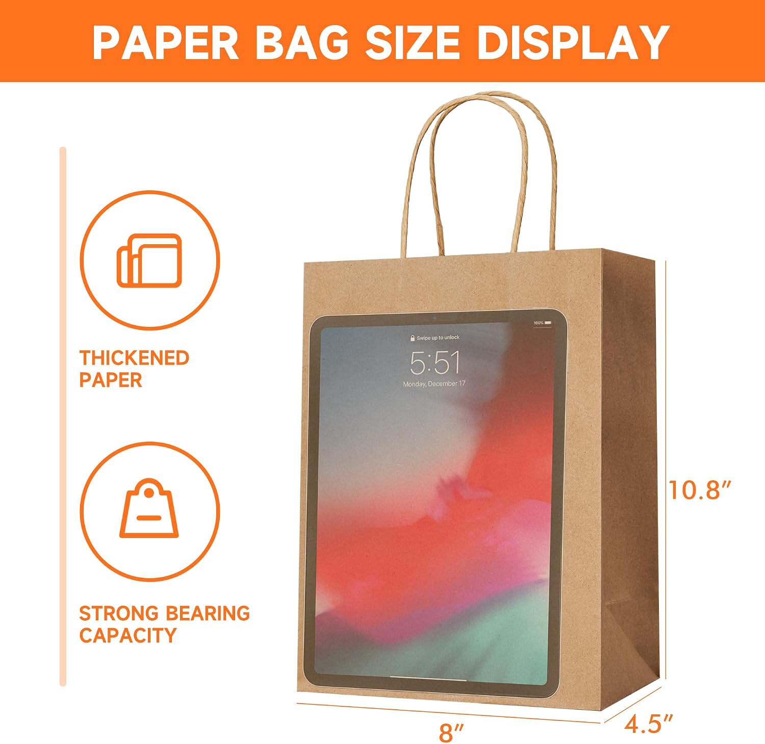 Thumbnail 1 de METAPRINT Brown Paper Gift Bags with Handles in Bulk (100 pcs) – 8x4.5x10.8 inch Kraft Bags