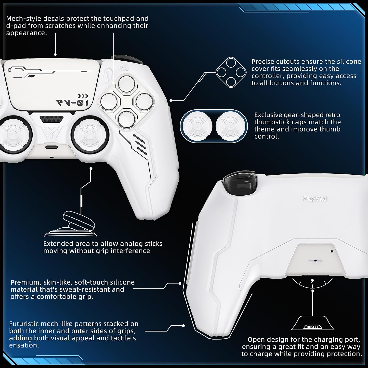 Detalle 2 de playvital Mecha Edition Silicone Cover for PS5 Controller (White) with Joystick Caps & Stickers