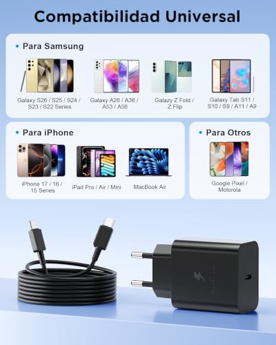 Detalle de Cargador USB-C 45W Baileku con cable de 2 m para Samsung y más