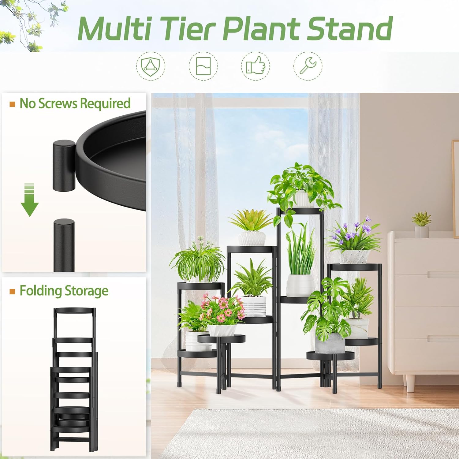 Thumbnail 3 de iDavosic.ly Pflanzenständer aus Metall mit 10 Etagen – Rundes Blumenregal in Schwarz für Indoor & Outdoor