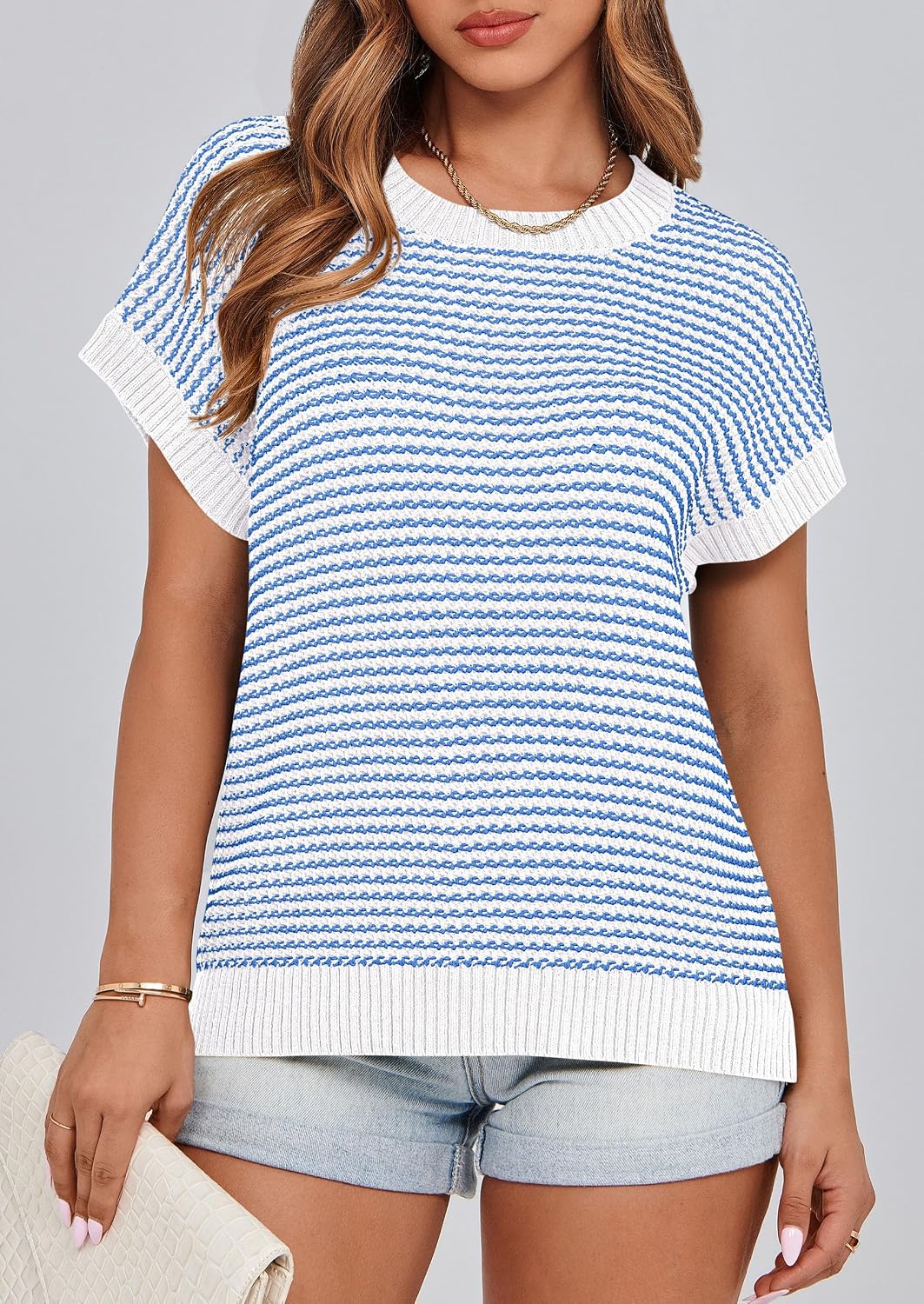 Thumbnail 2 de PRETTYGARDEN Women's Short Sleeve Knit Sweater Vest Top with Stripe and Cap Sleeve