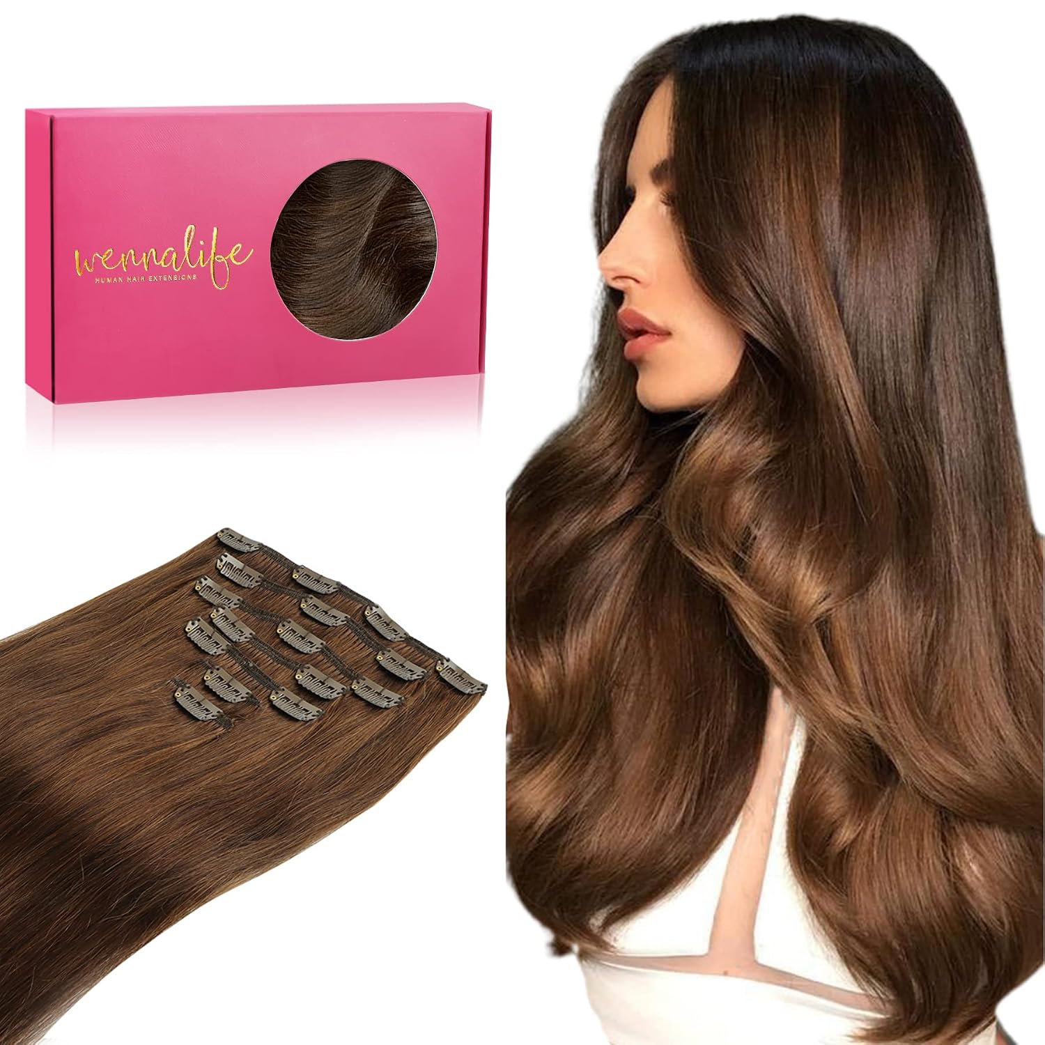 Detalle de WENNALIFE Clip-in Echthaar Extensions, 45 cm / 18 Zoll, 7 Teile, 120 g – Schokoladenbraun