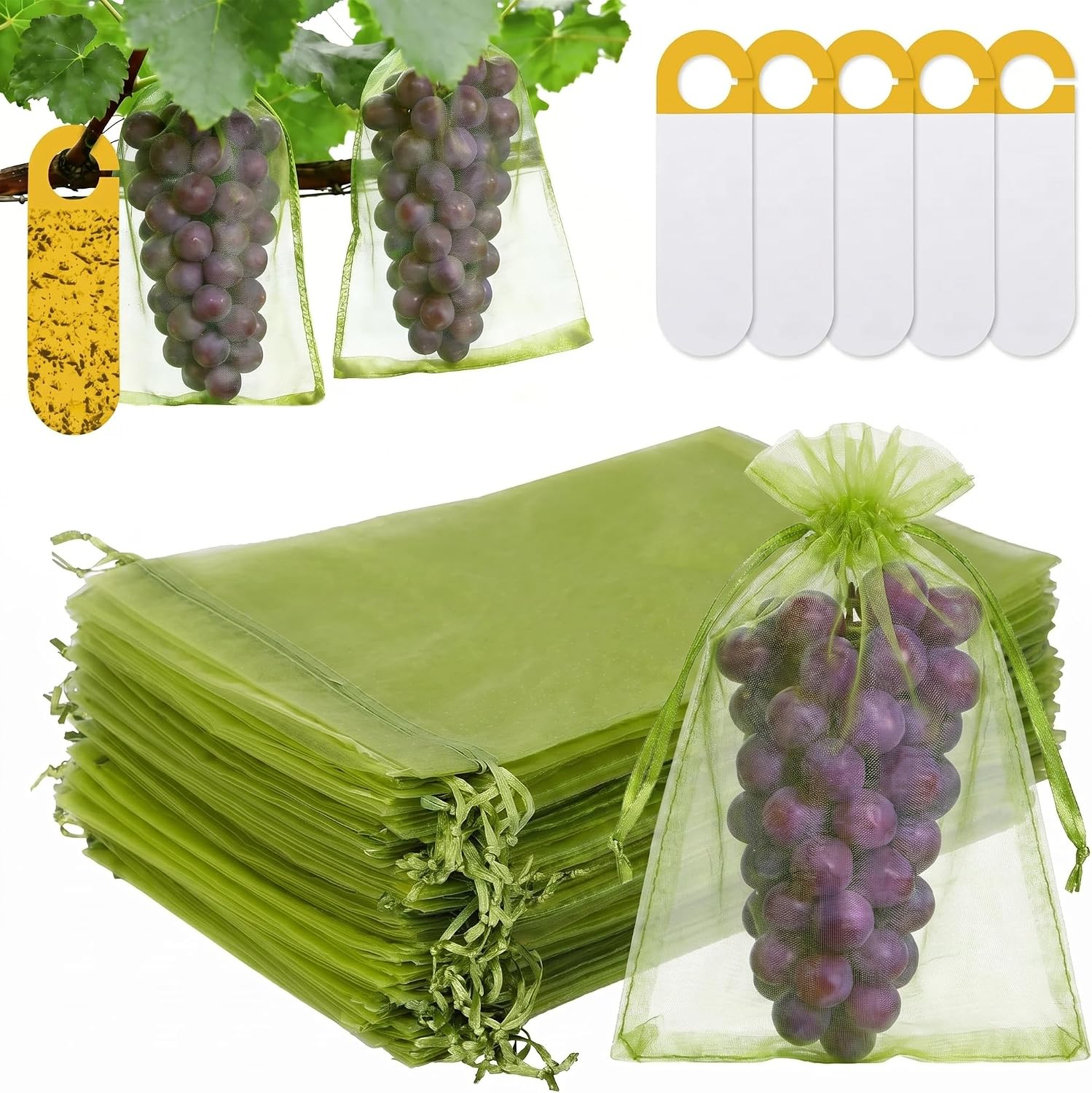 Detalle de 60 Piezas de Bolsas para Uvas en Parra con Cordón de Vegamall (Organza 20x30 cm) + 5 Placas Adhesivas Antiinsectos