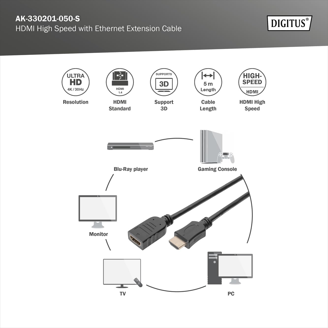 Thumbnail 1 de DIGITUS Câble d’extension HDMI 5 m avec canal Ethernet – Ultra HD 4K/30 Hz, mâle vers femelle, contacts plaqués or