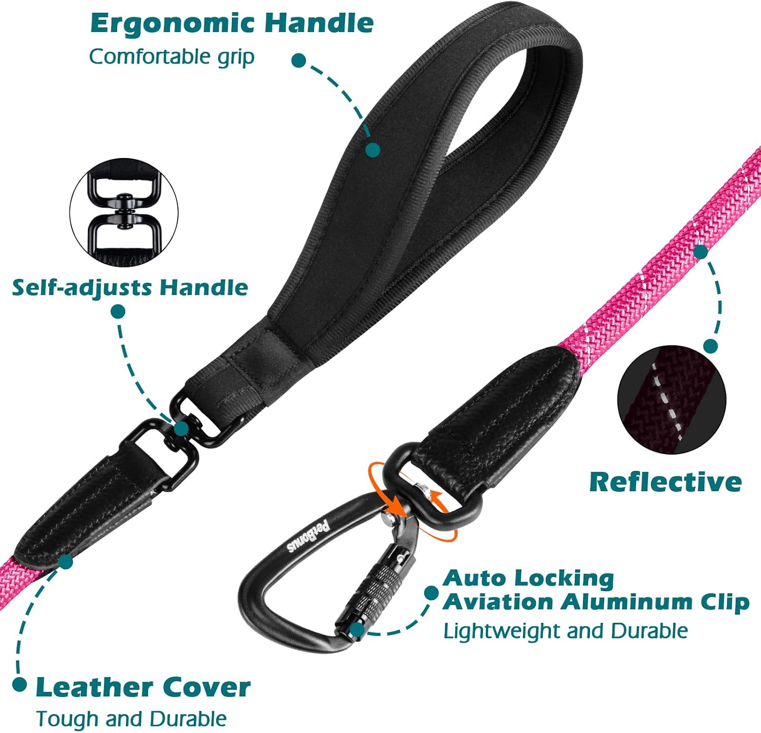 Thumbnail 6 de PetBonus Rope Dog Lead (1.5 m) Heavy Duty Nylon with Autolocking Carabiner, Reflective Rope Lead – Pink