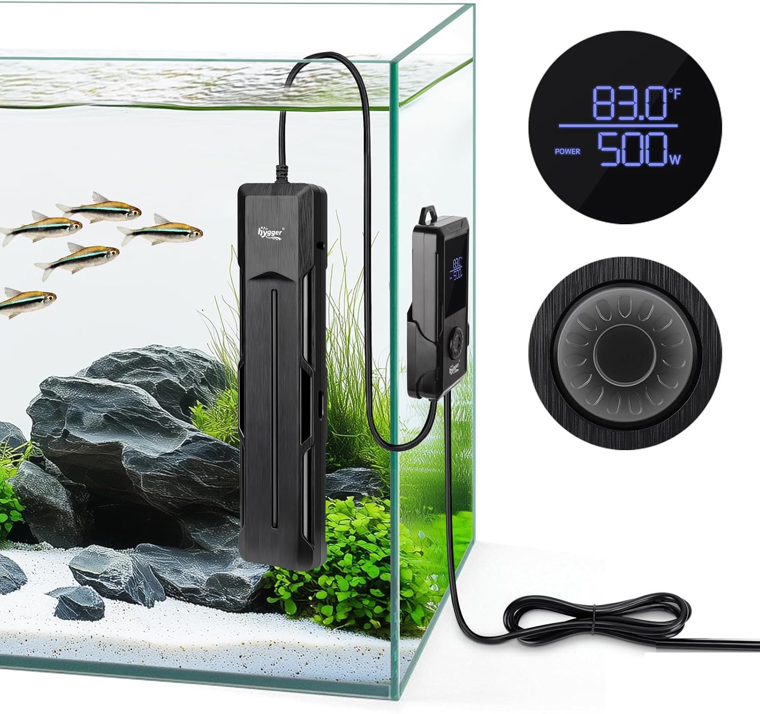 Detalle 2 de hygger Submersible Aquarium Heater 500W digital thermostat for 220–510 L fish tanks