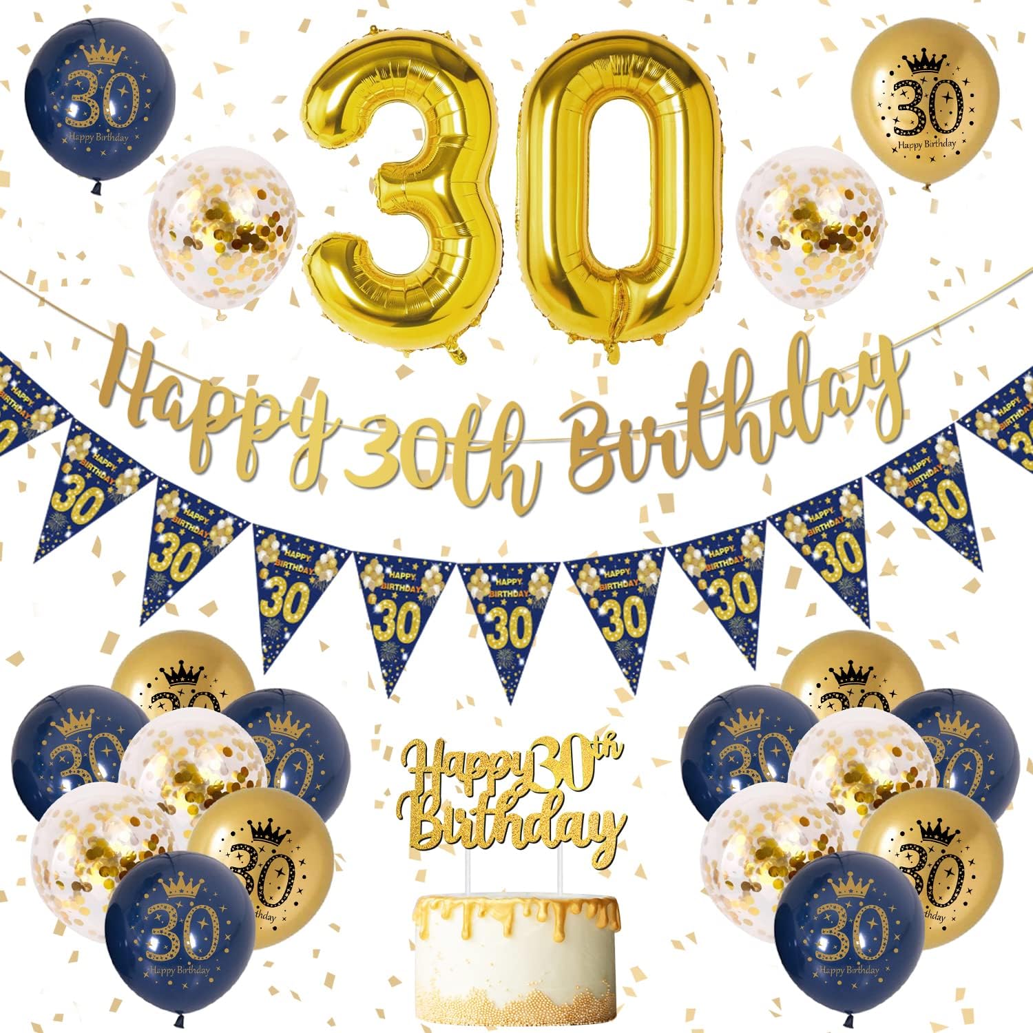 VICTERR 30th Birthday Decorations for Men (Blue & Gold) – bunting banner, foil balloons and confetti balloons