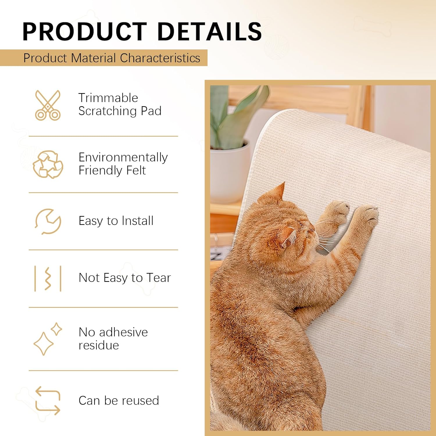 Thumbnail 3 de Tapis à gratter autocollant 40 x 200 cm pour chat (beige) – tour à gratter murale