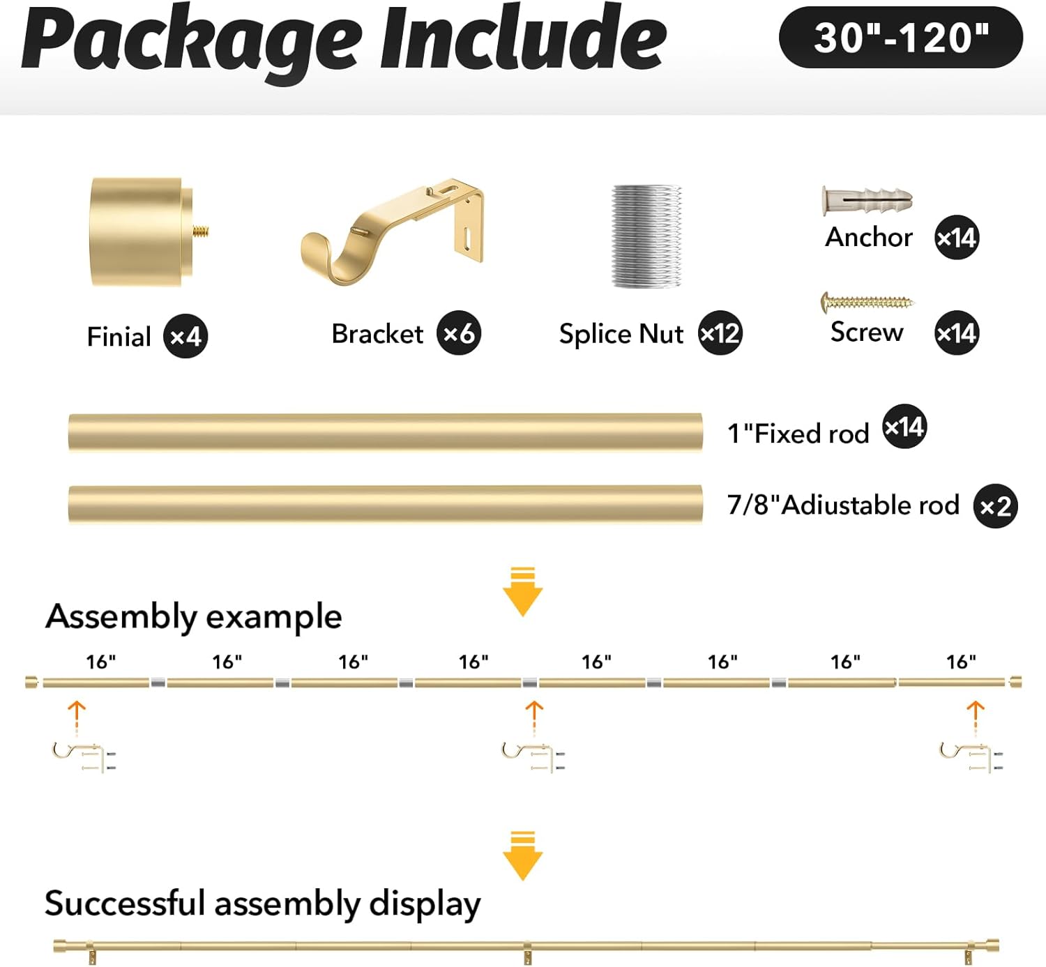 Thumbnail 5 de GEEBOBO 2-Pack Gold Adjustable Curtain Rods (66–120 inch) for Wall Mount Windows