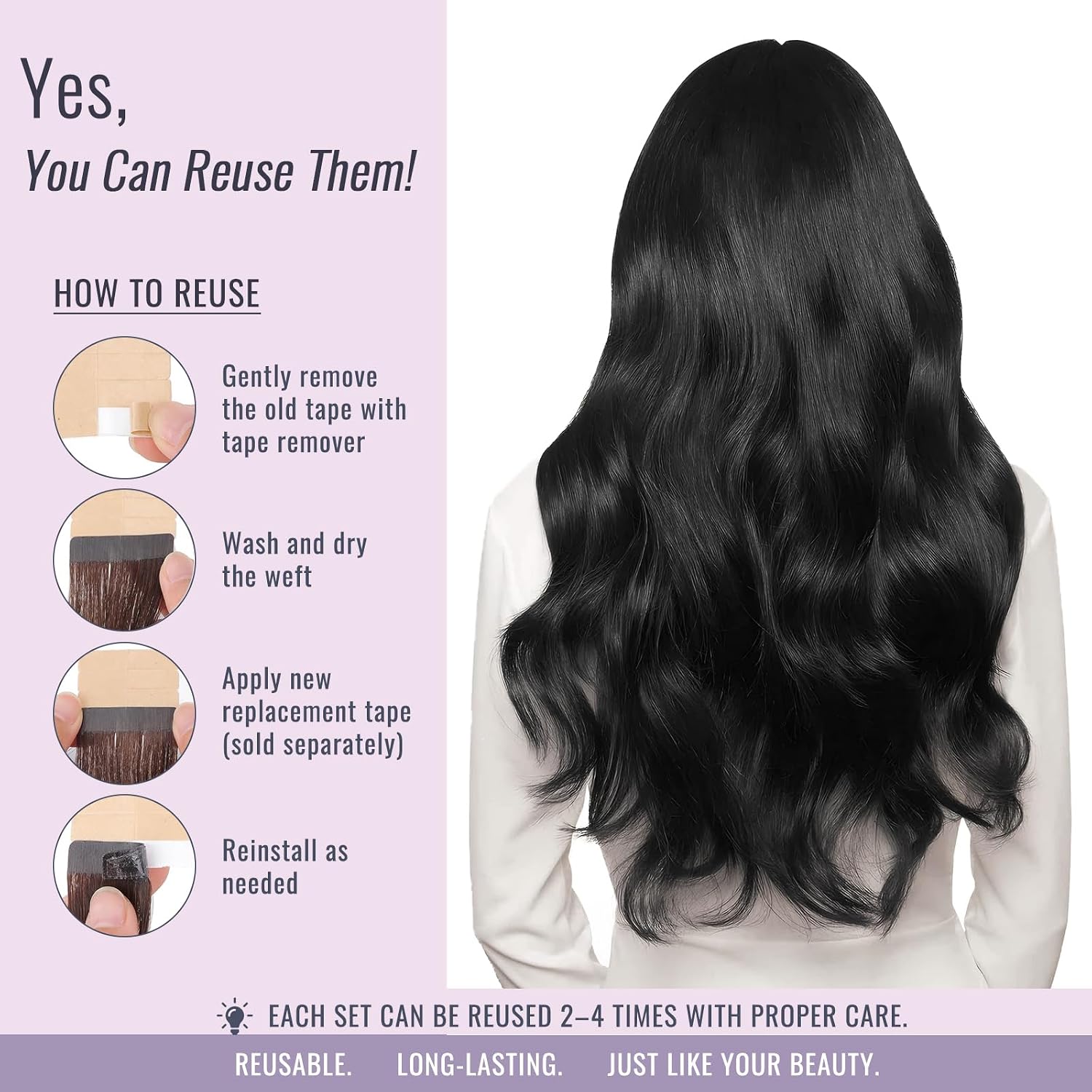 Thumbnail 6 de Fshine Tape-in Extensions Echthaar Tiefschwarz (30 g, 20 Stück) – Remy-Haar mit doppelseitigem Klebeband