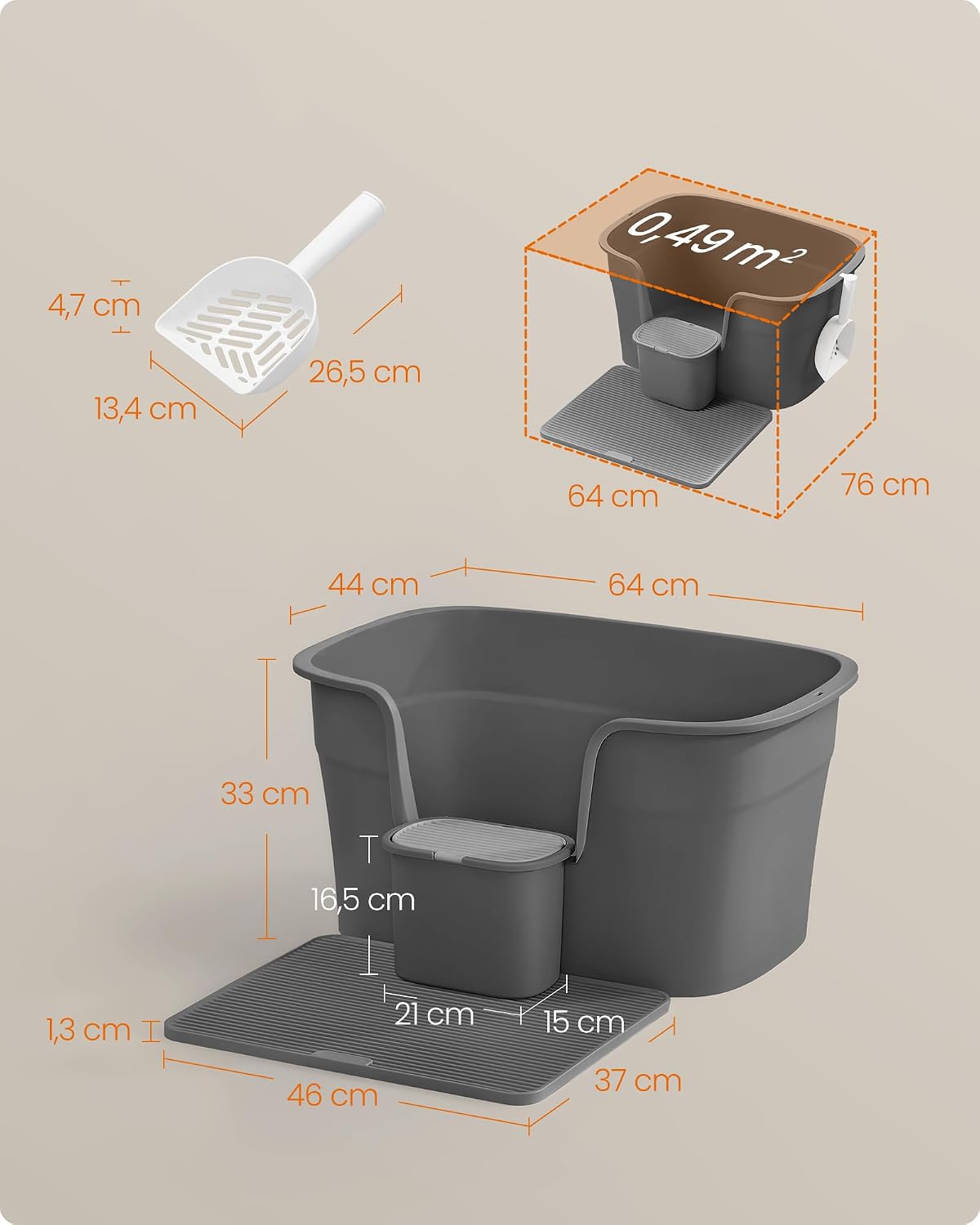 Thumbnail 4 de Feandrea BOXAL PPT003G02 extra grote open kattenbak, hoogzijdig, leigrijs