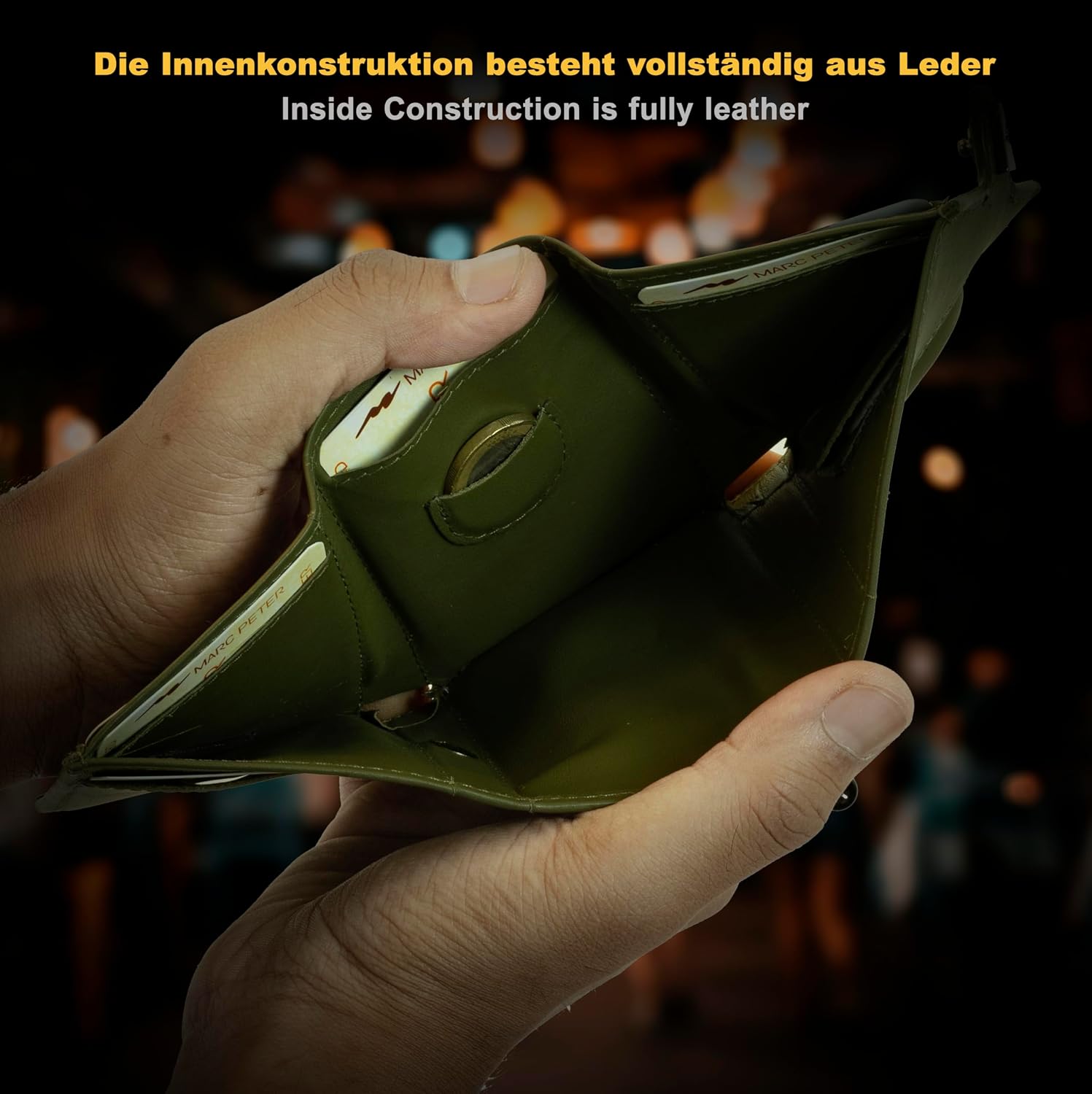 Detalle de Marc Peter Jupiter Airtag Echtleder Geldbörse mit XL-Münzfach – kleines AirTag-Portemonnaie für Herren in Grün