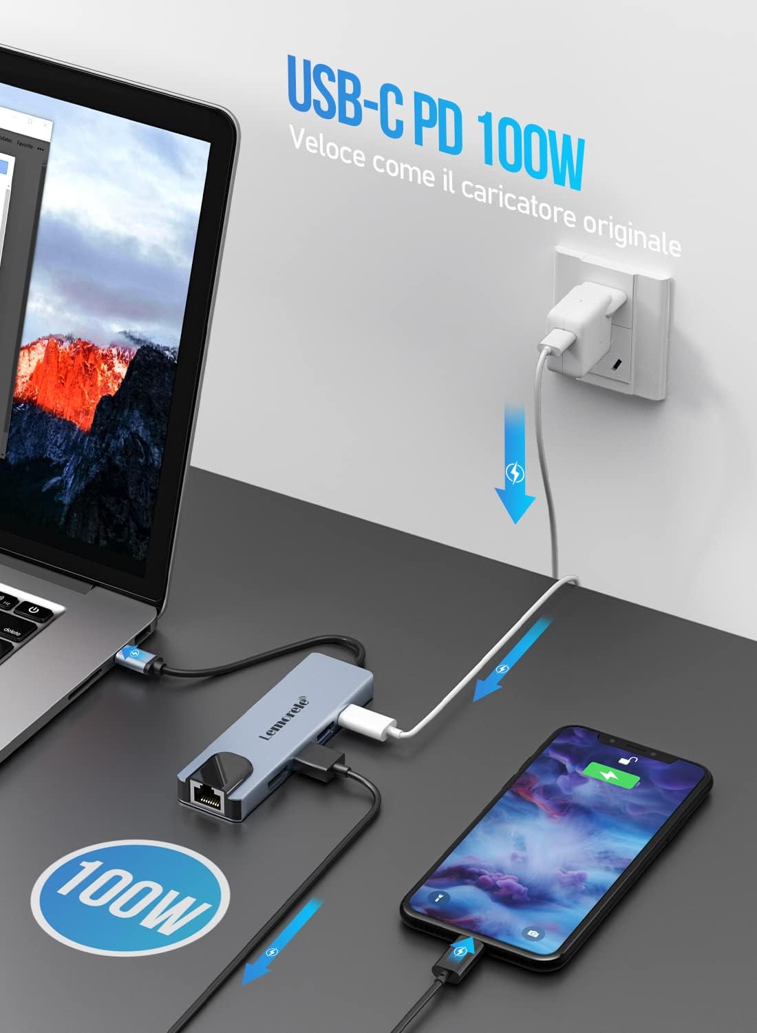 Detalle de Lemorele Hub USB‑C Ethernet 5‑in‑1: docking station in alluminio per HDMI 4K, Ethernet 100Mb, PD 100W e USB‑A