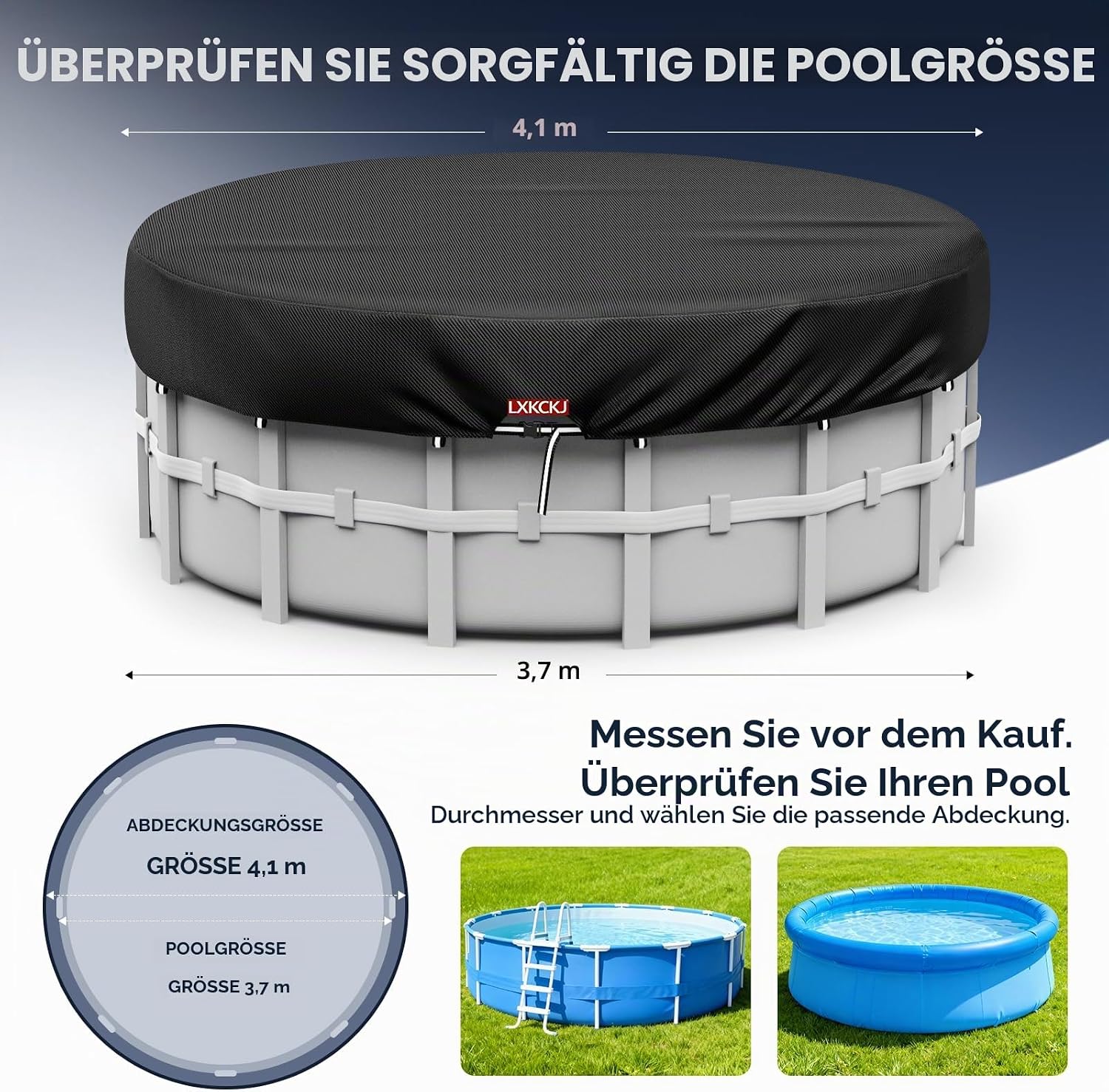 Detalle 2 de LXKCKJ Rundabdeckung für oberirdische Pools, 3,7 m – Schwarz, wasserdicht & winddicht mit Kordelzug