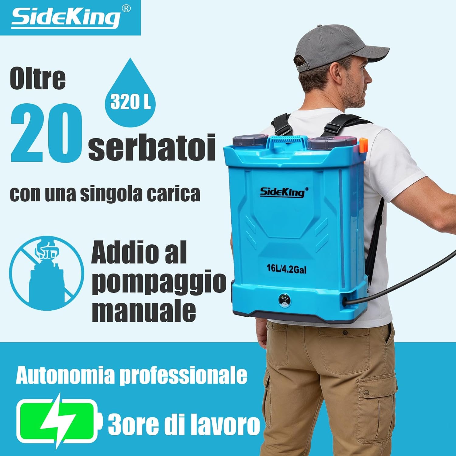 Thumbnail 1 de SideKing Pompa Irroratrice a Batteria 16 Litri – Atomizzatore a Spalla con 5 Ugelli, 8,3 Bar, 4000mAh