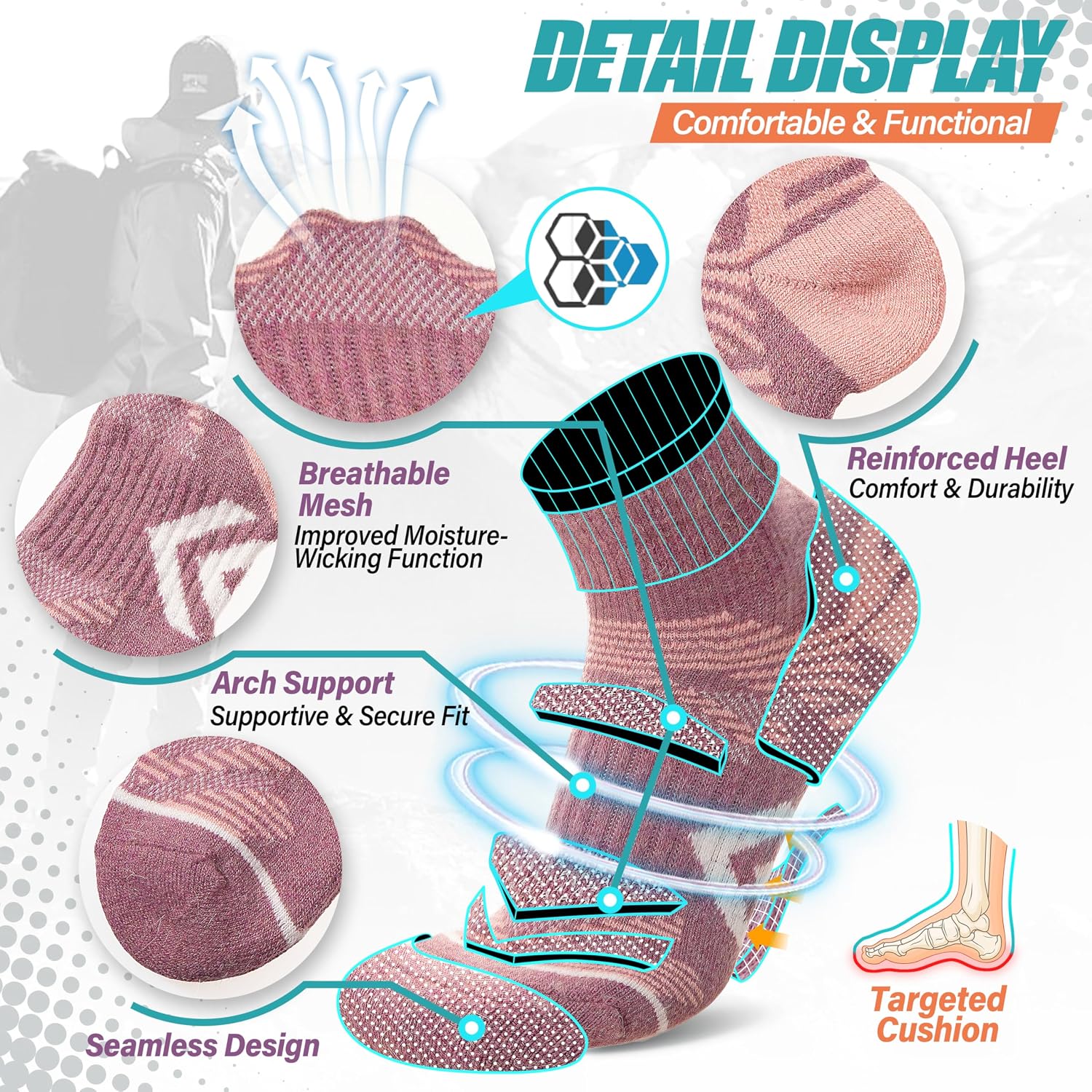 Detalle de ANTSANG 6 Pairs Merino Wool Quarter Ankle Hiking Socks with Compression and Thick Cushion