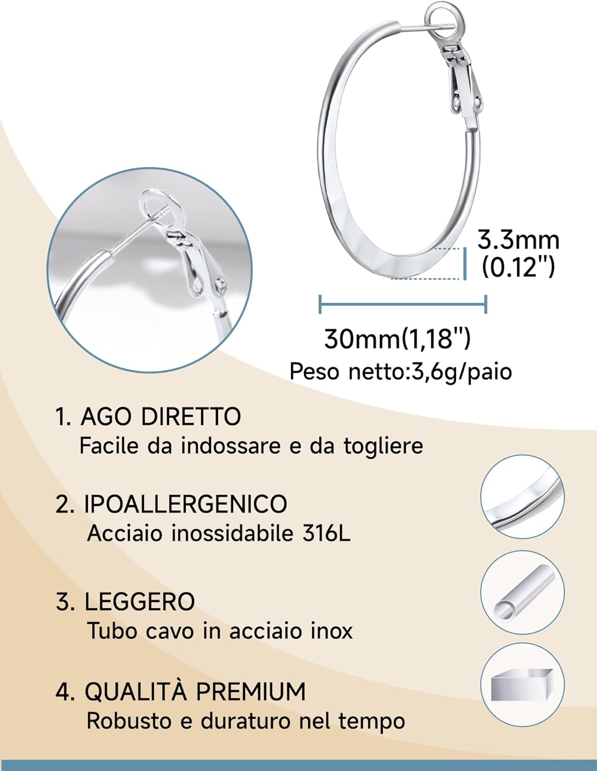 Thumbnail 2 de PROSTEEL Orecchini a cerchio in acciaio inox 316L 30/40/60/80 mm argento, nero e oro placcato