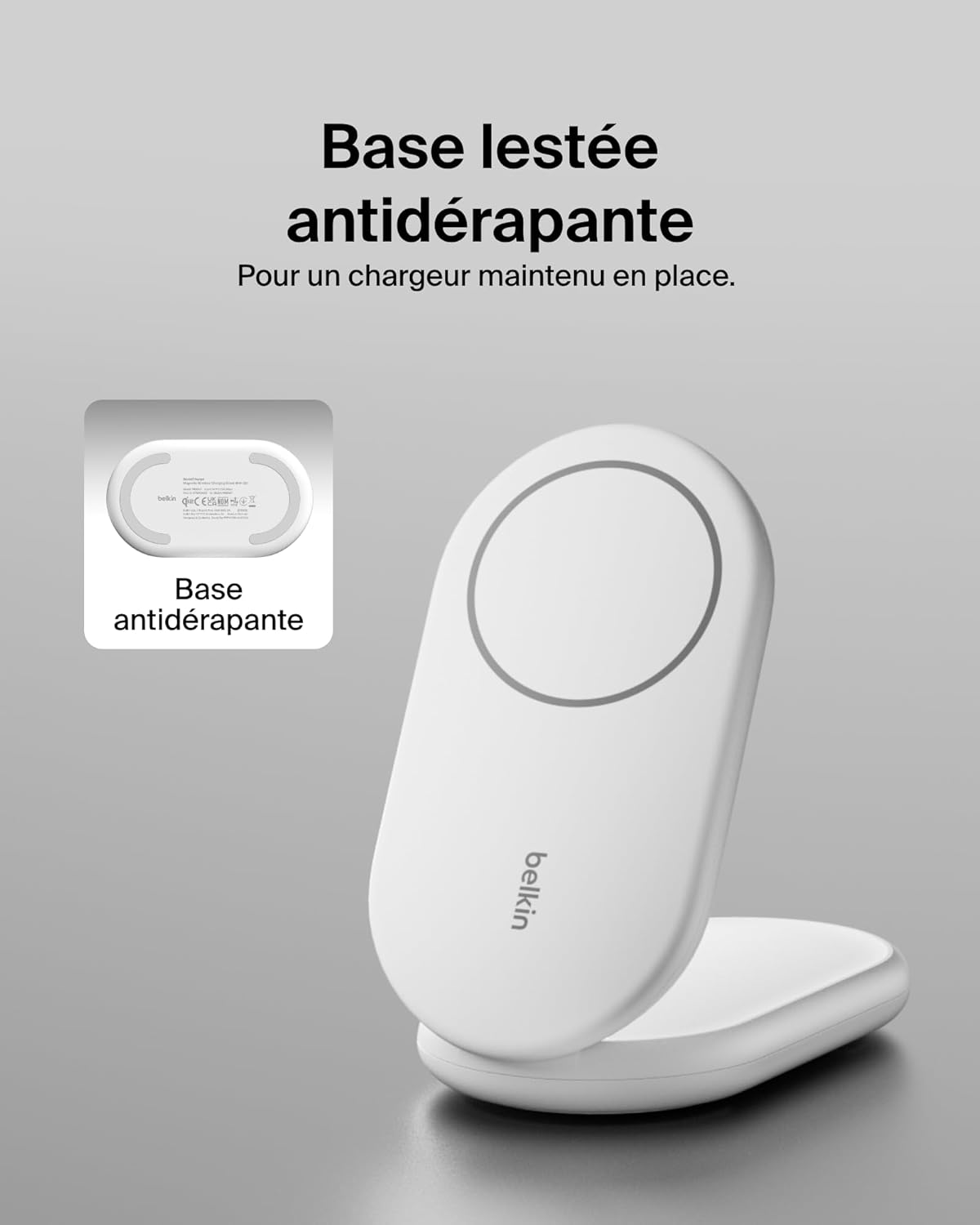 Detalle de Belkin BoostCharge Socle de Recharge Qi2 avec Support Pliable — 15 W, MagSafe compatible (iPhone 16/15/14/13) – Blanc