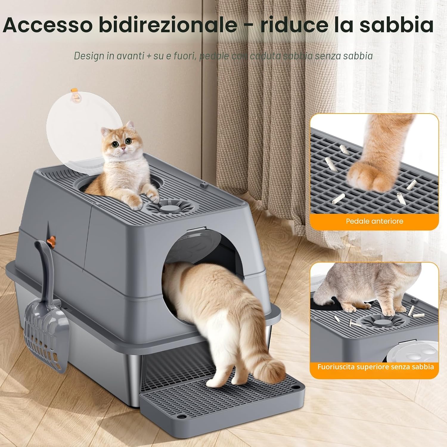 Thumbnail 3 de QEANY lettiera per gatti in acciaio inox XXL con coperchio 60 x 40 x 39 cm, grande e chiusa (con pala e tappetino)