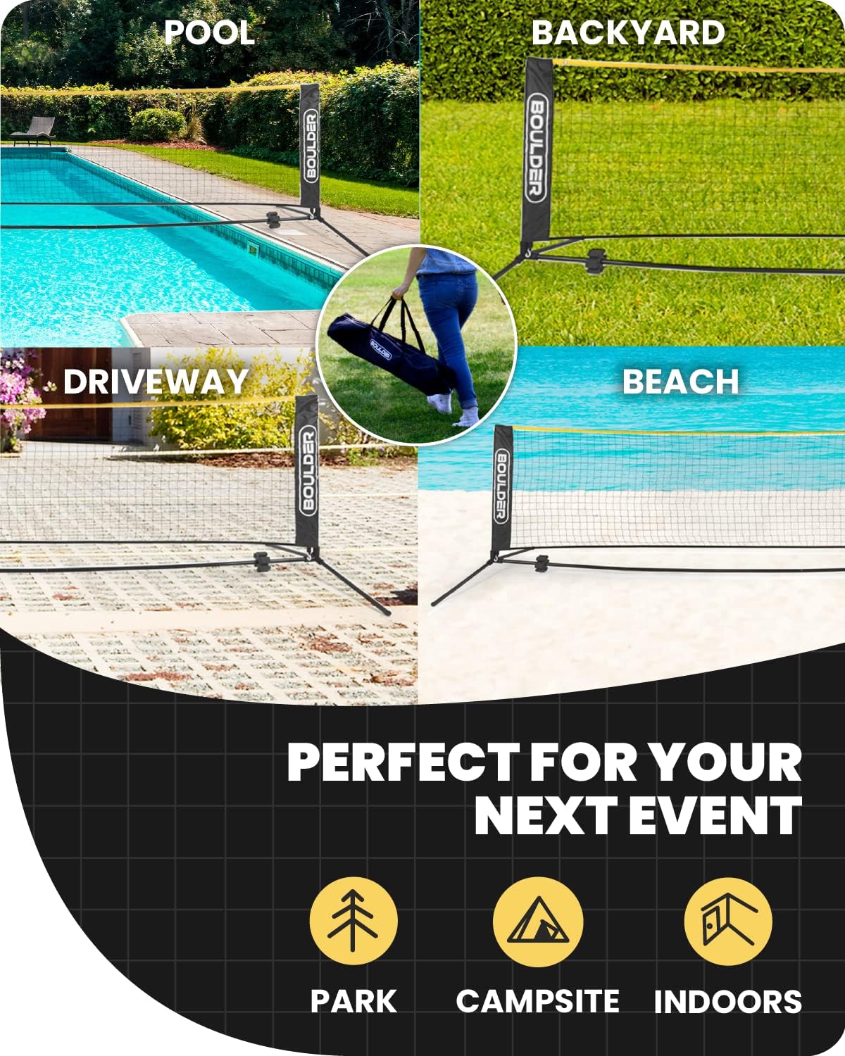 Detalle de Boulder Portable Badminton Pickleball Net with Foldable/Extendable Poles (Up to 5 ft) – All-in-One Backyard Sports Set