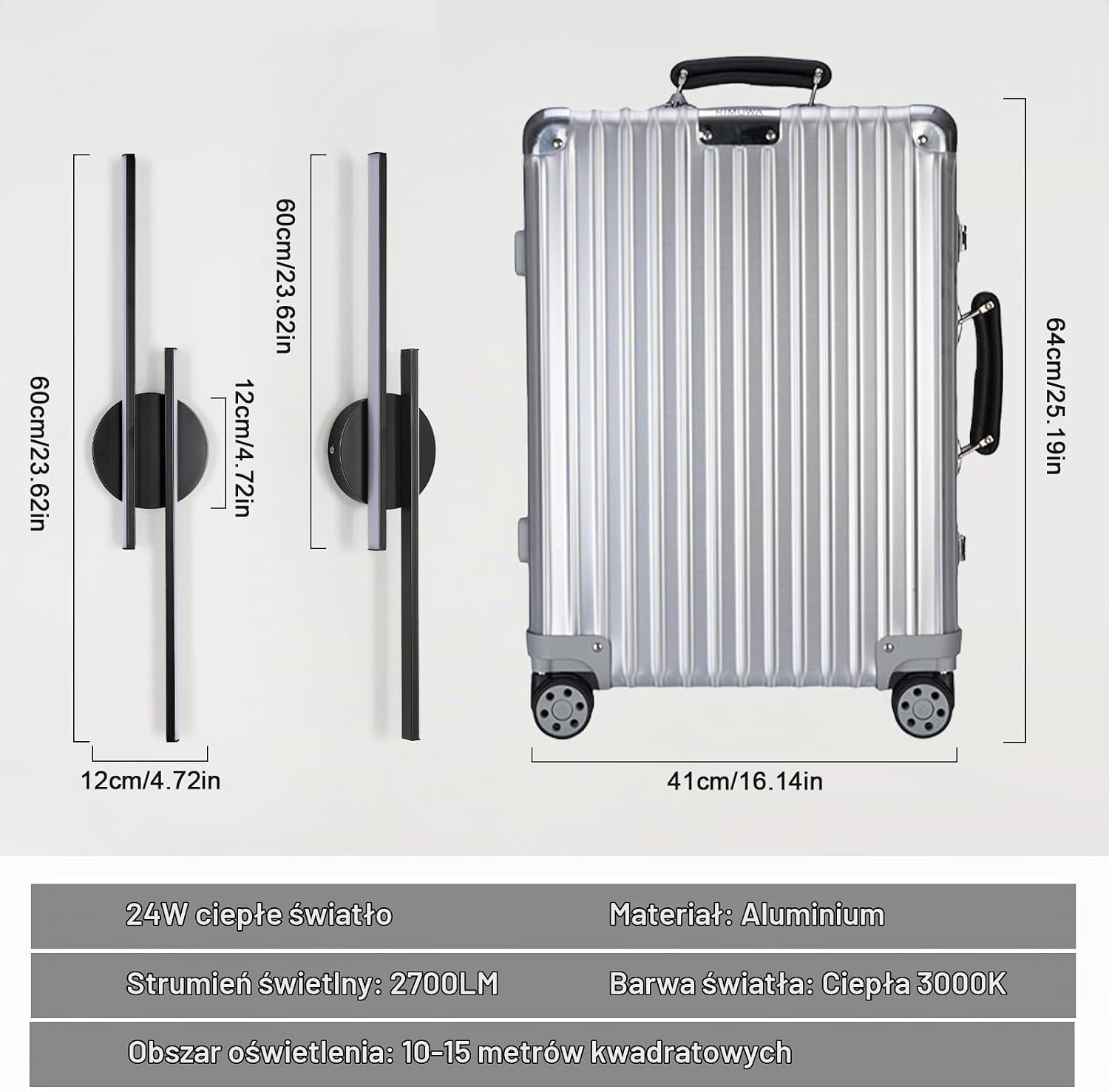 Detalle de Mckalen MC-60CM-EELJ – czarny kinkiet LED 60 cm, 24 W, 2700 lm