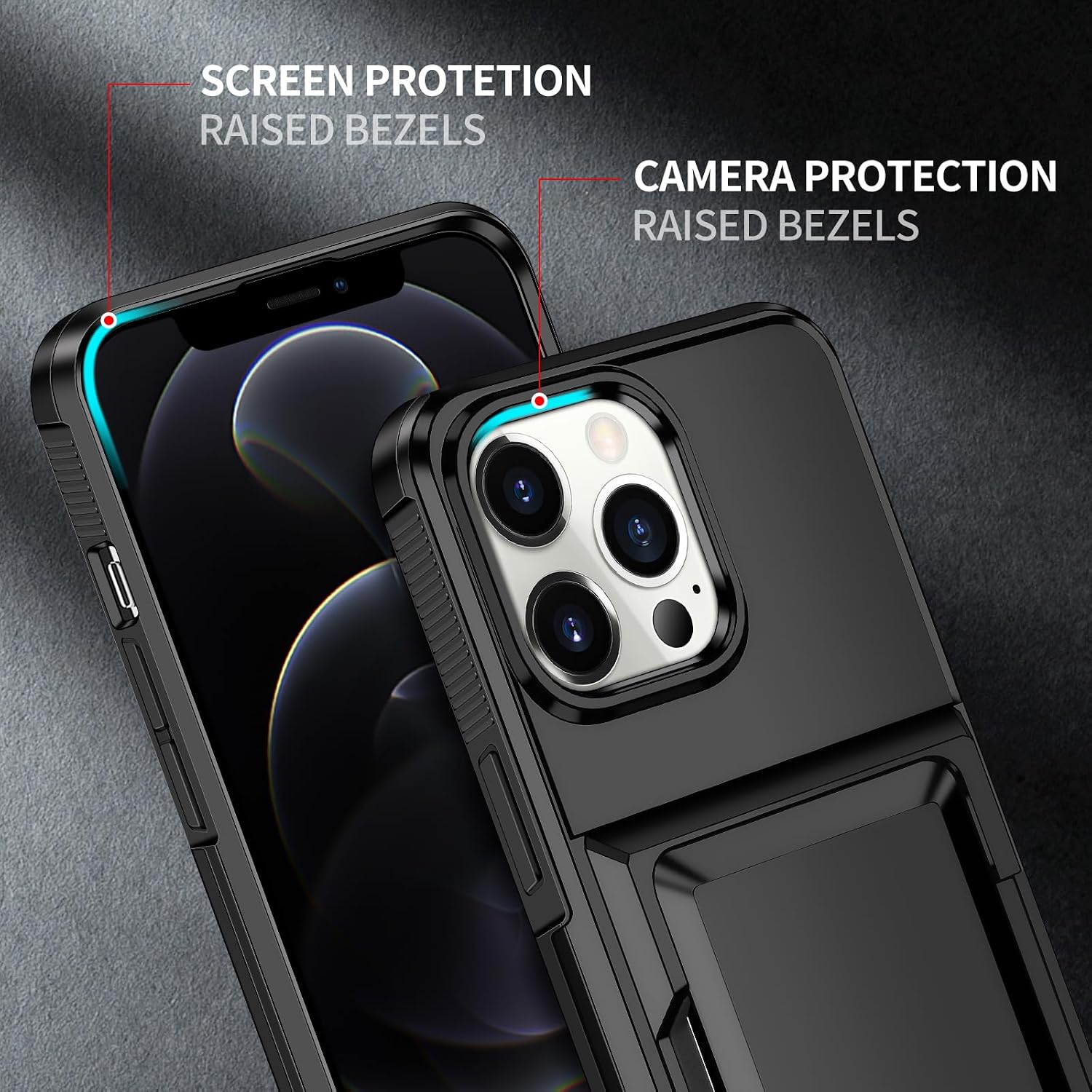 Detalle 1 de Aolcev iPhone 12 / 12 Pro case with card holder (up to 4 cards) – dual-layer shockproof wallet cover, black