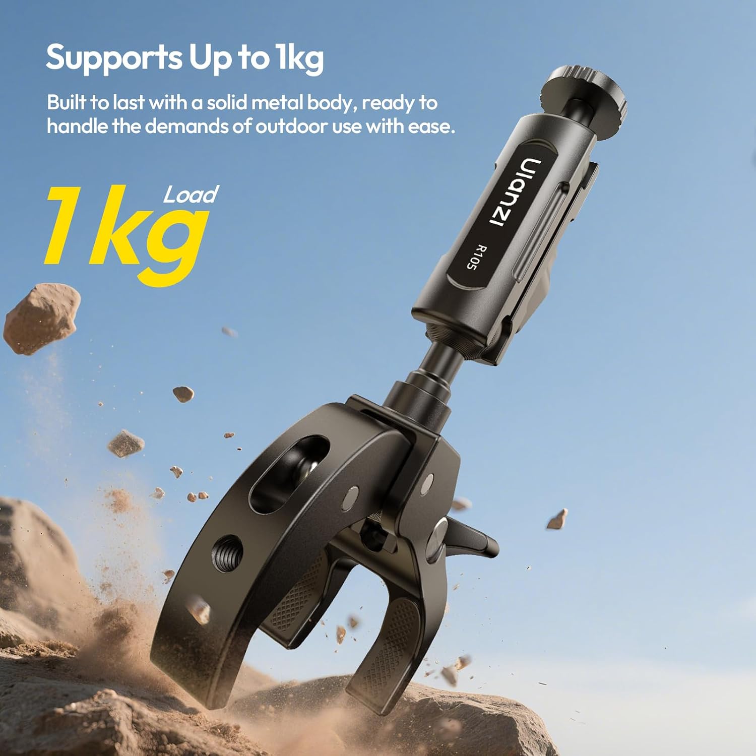 Detalle de ULANZI R105 Super Clamp : support caméra à 3 griffes, double tête 360° et fixation 1/4