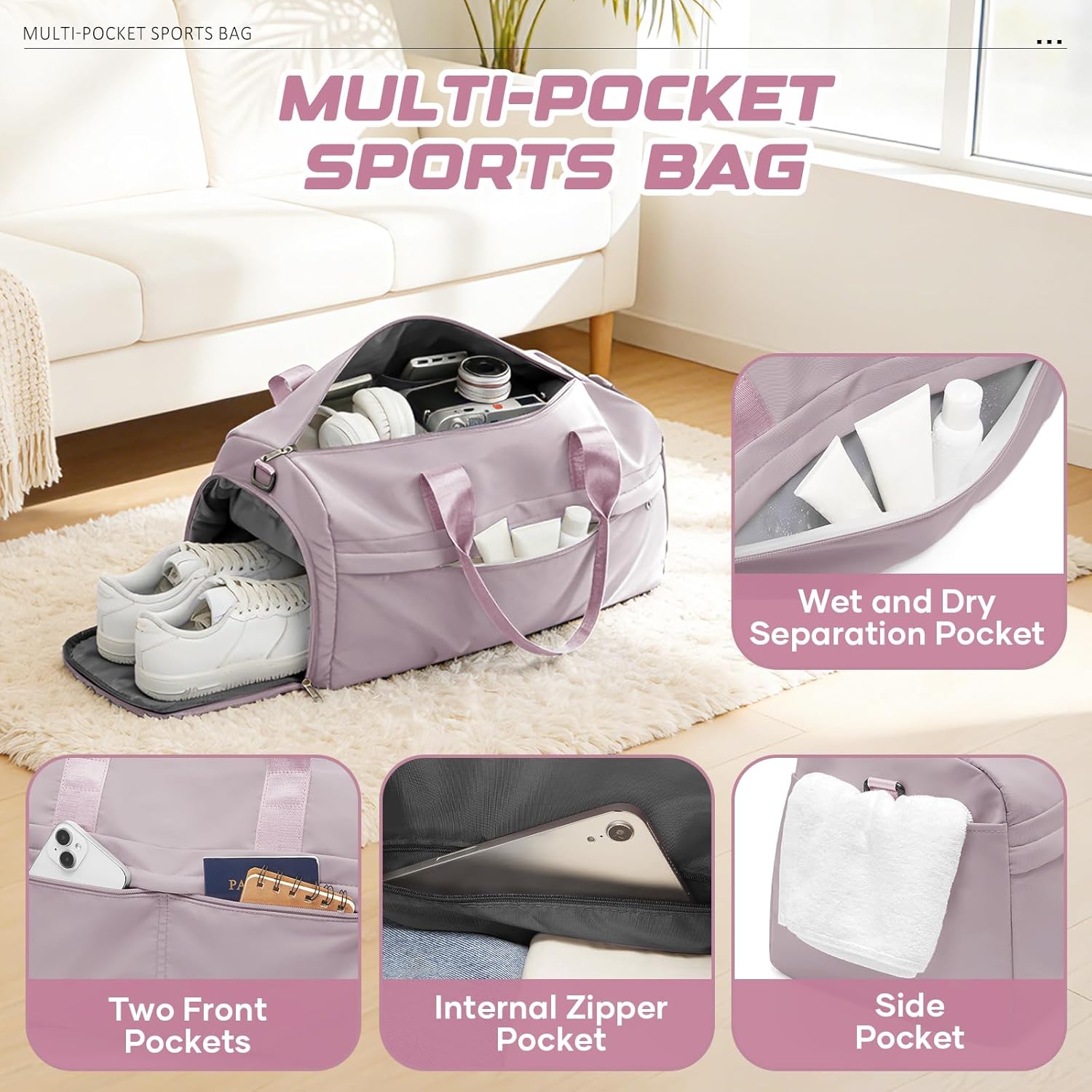 Thumbnail 2 de WEPLAN Gym Bag: Lotus Pink Waterproof Duffle for Workouts, Travel and More