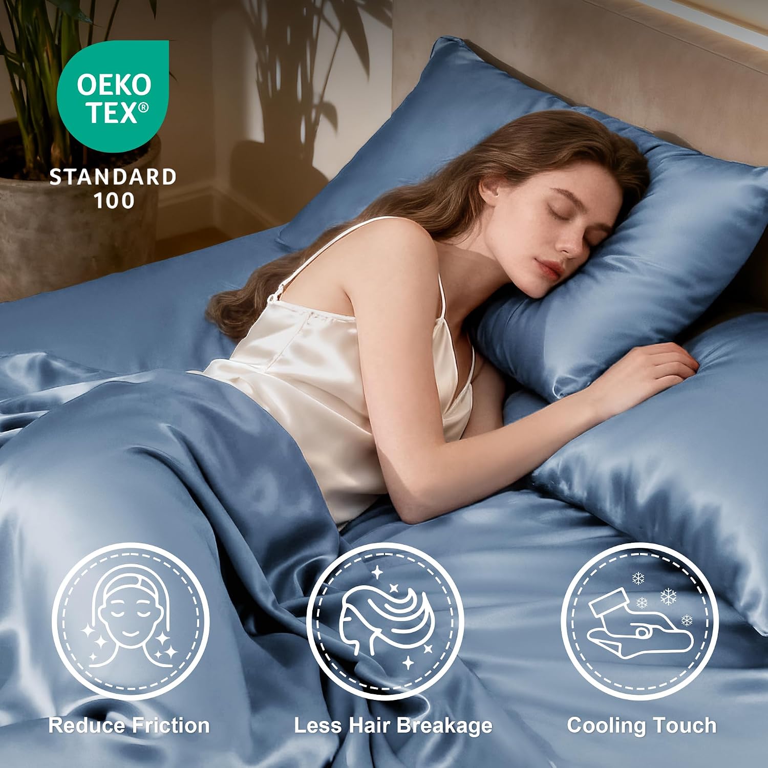 Detalle de Love's cabin Queen Satin Sheet Set, Ash Blue, 15-Inch Deep Pocket