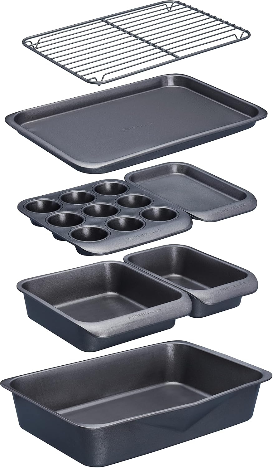 Detalle de MasterClass Smart Space 7-delars bakset i kolstål, stapelbart med non-stick
