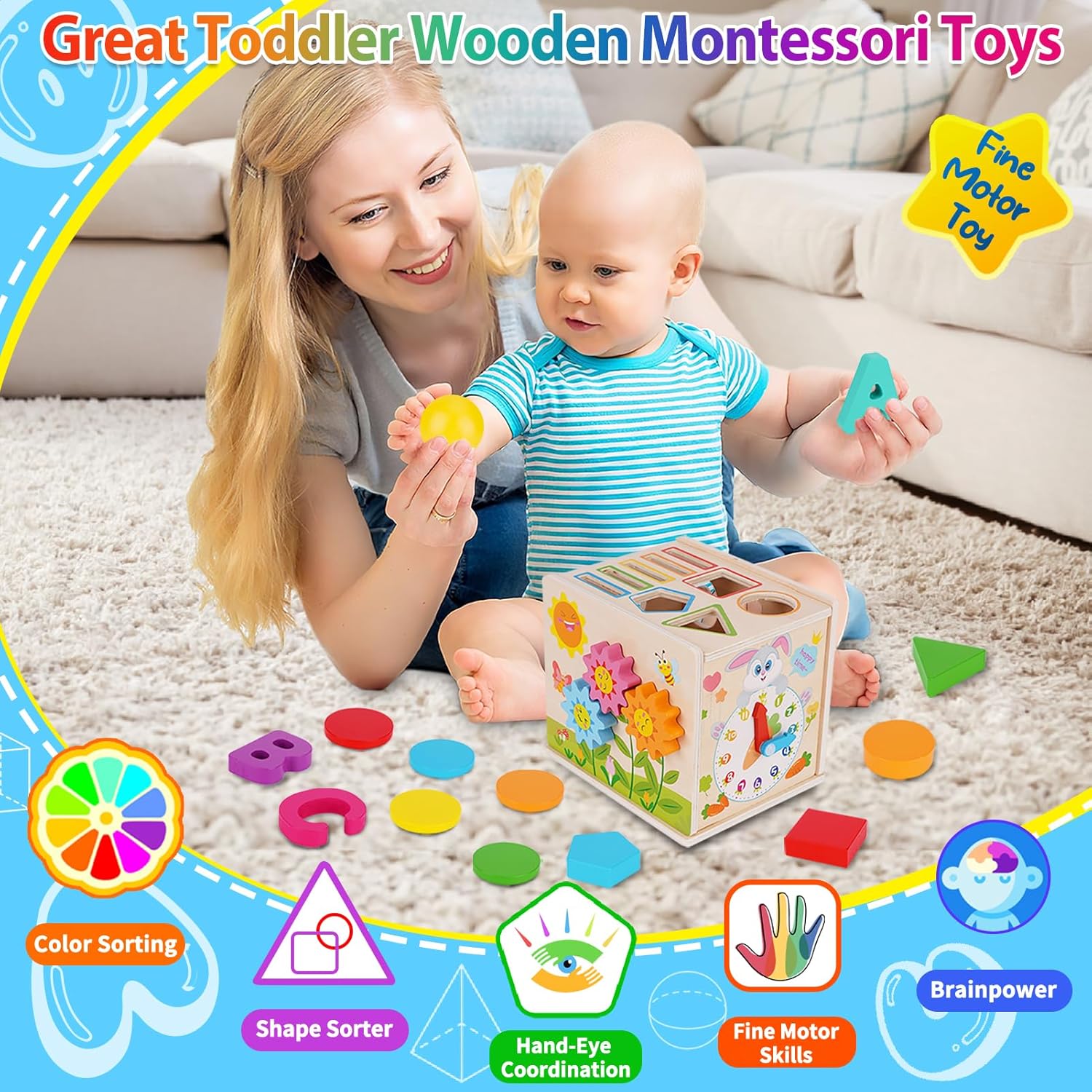 Detalle de FCSONU Jouet Montessori Bois 1–3 Ans – 13 blocs colorés et tiroir amovible