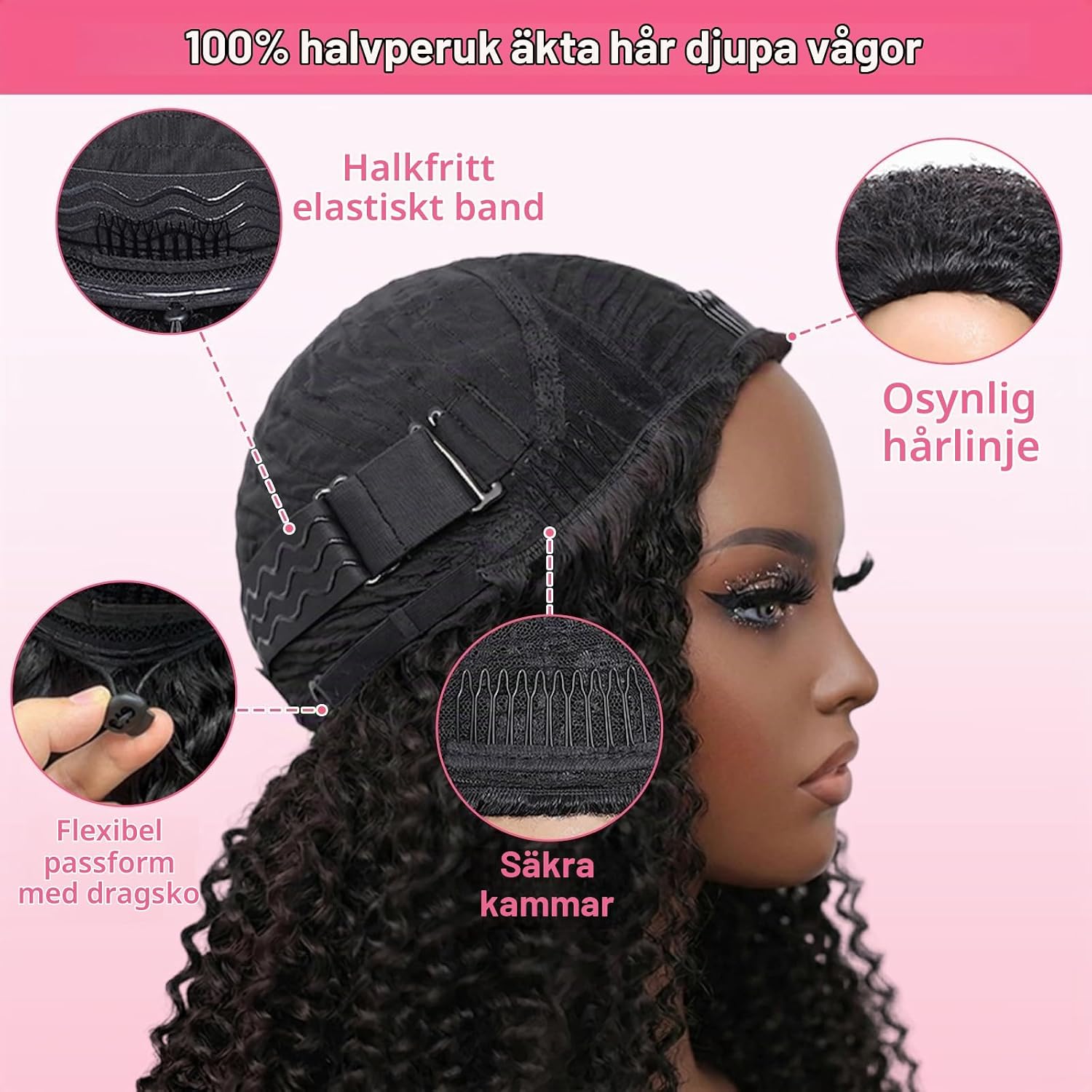 Detalle de WENYAN Deep Wave halvperuk i människohår, 12 tum, 180 % täthet