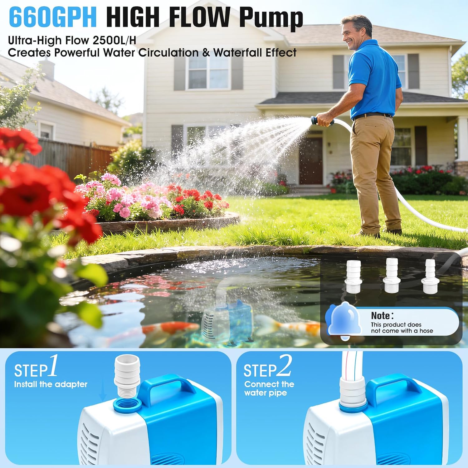 Thumbnail 6 de Luxfero 3-en-1: Pompe pour Fontaine Extérieure avec Filtre, LED RGB et 3000 L/H — tout-en-un pour bassin et jardin