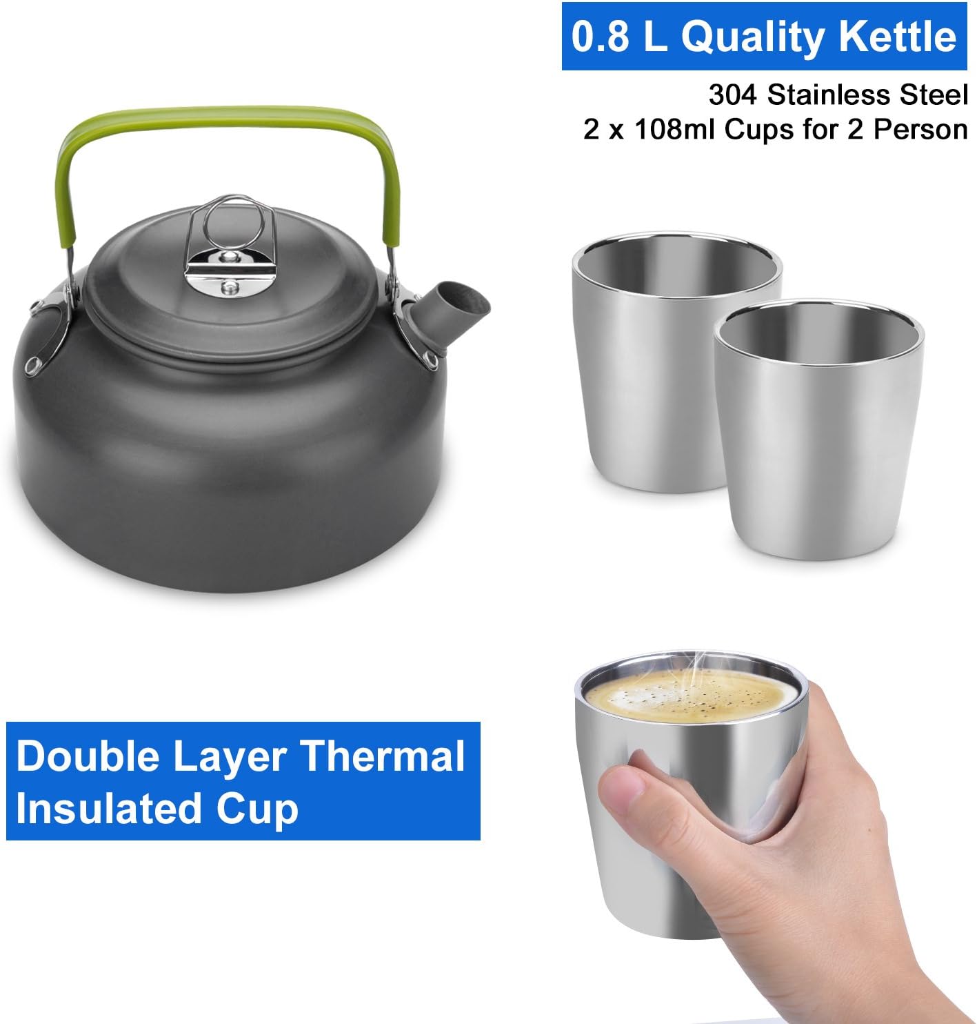Detalle 2 de Odoland Geschirr-Set für 1–2 Personen – 10-teiliges Kochset fürs Camping (faltbare Griffe, Aluminium, Tragetasche)