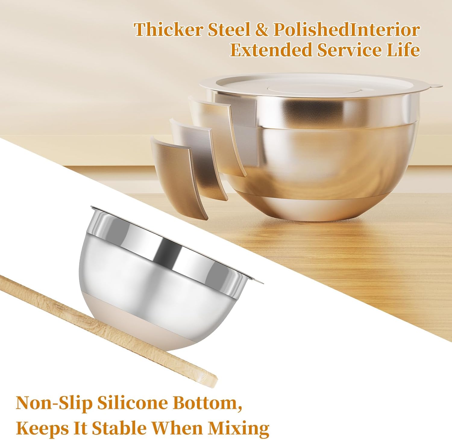 Detalle de Fyrnova 6-Piece Stainless Steel Mixing Bowls Set with Lids and Grater Attachments