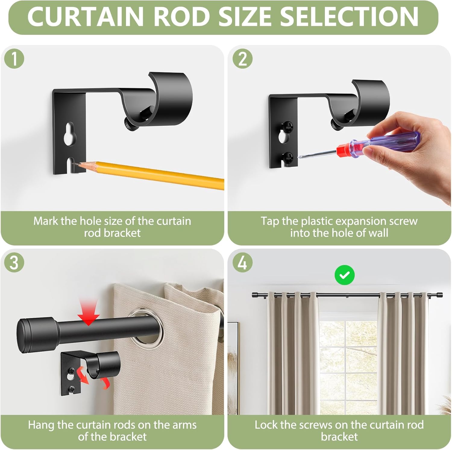 Thumbnail 3 de 5/8 Inch Adjustable Curtain Rods (2 Pack) – 30-90 Inches, Black