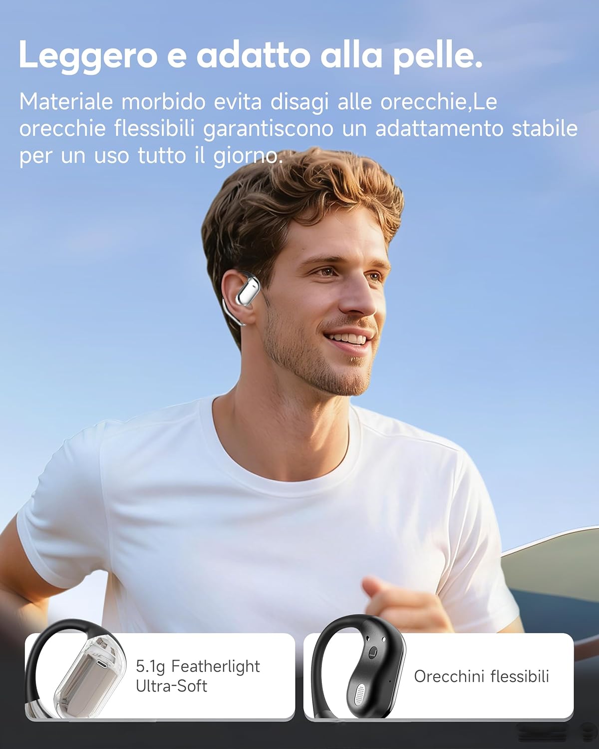 Detalle 2 de Cuffie Bluetooth Auricolari Bluetooth 5.4 Open Ear - Sport, 50 Ore di Riproduzione, IP7, Open Ear Perfette per iOS & Android