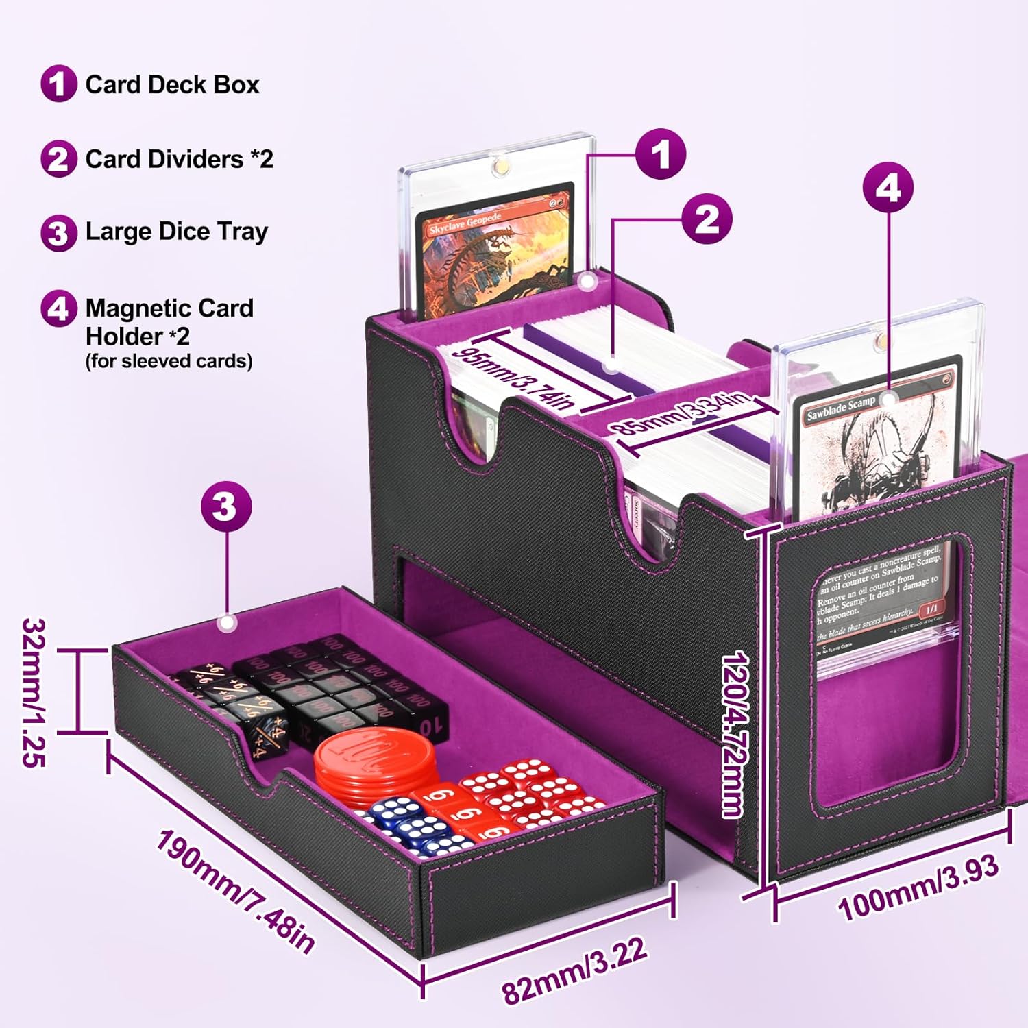 Detalle de UAONO MTG Deck Box with 2 Commander Display and Dice Tray – Double Deck Box for 250+ Sleeved Cards (Black & Purple)