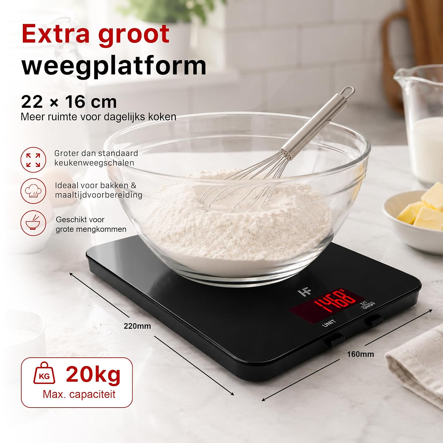 Detalle 2 de HomeFashion grote digitale keukenweegschaal 20 kg, 1 g en glazen platform