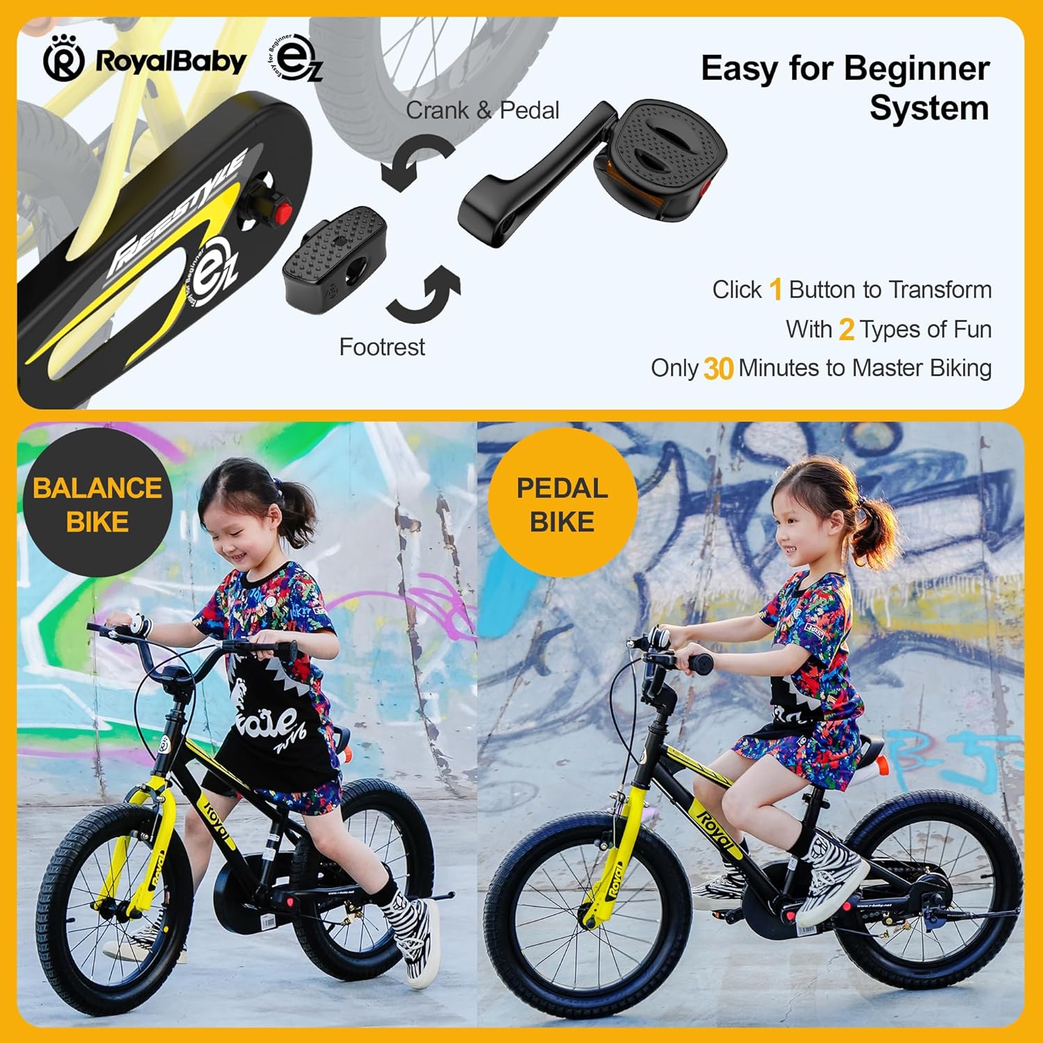 Detalle de RoyalBaby EZ Kids Bike (12–20 Inch) 2-in-1 Balance to Pedal Bike for Ages 3–12