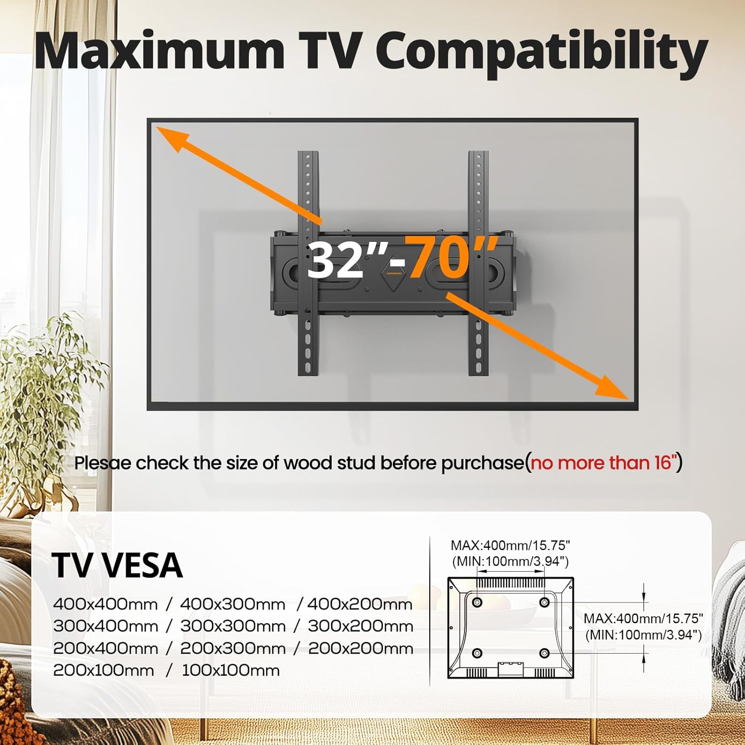 Detalle de IWORKBOARD 50–65 inch Full Motion TV Wall Mount (32–70 inch TVs), Dual Articulating Arms, Max VESA 400x400