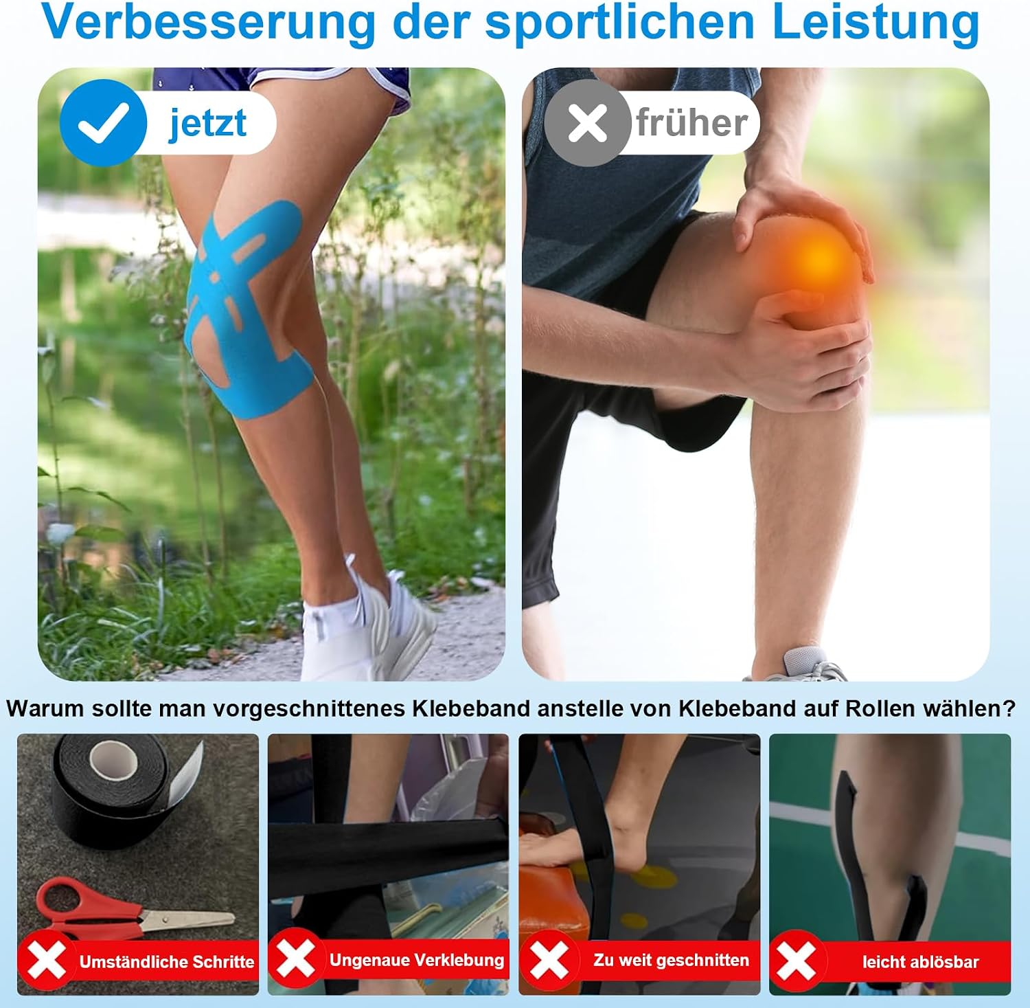 Detalle 2 de NEUJUS Knie Tape Vorgeschnitten – 12 Streifen Kinesio Tape für Knie, elastisch, hautfreundlich, stark haftend