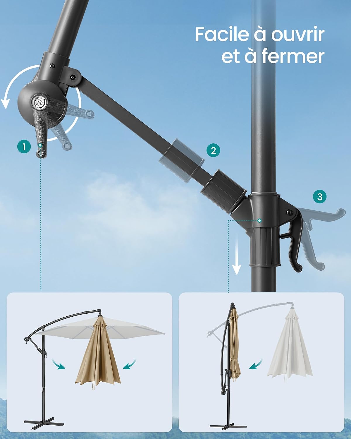 Detalle 2 de SONGMICS Parasol Déporté avec Socle en Croix – 300 cm, UPF 50+, manivelle et base en X