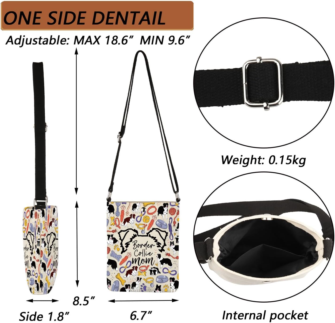 Detalle 2 de MEIKIUP Border Collie Mom Crossbody Bag: A practical small canvas sling for dog lovers