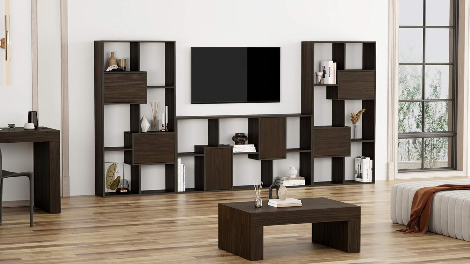 Thumbnail 4 de Mobili Fiver Mur TV Iacopo — Noyer américain avec Portes, meuble TV design jusqu’à 65