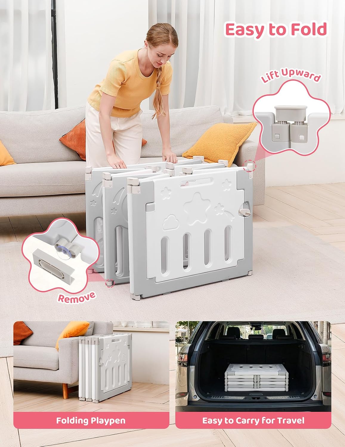 Detalle de 10-Panel Foldable Baby Playpen, Adjustable PE Play Yard with Gate, Gray and White
