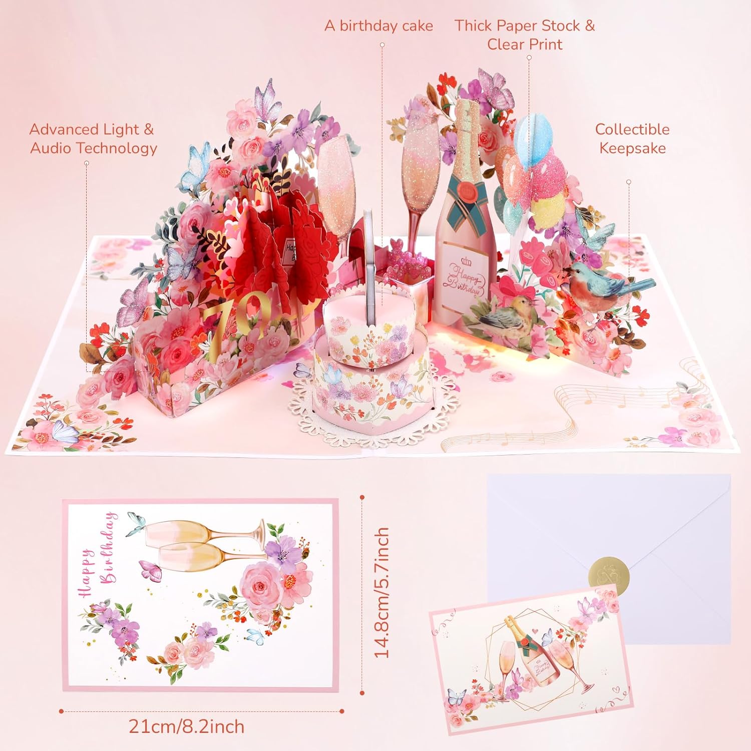 Thumbnail 5 de 70th Birthday Card for Women – Musical Pop-Up with Light and Champagne